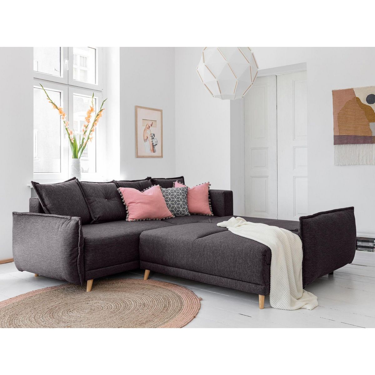 BEST MOBILIER Lena - canapé d'angle convertible - avec coffre - style scandinave - 5 places - gauche