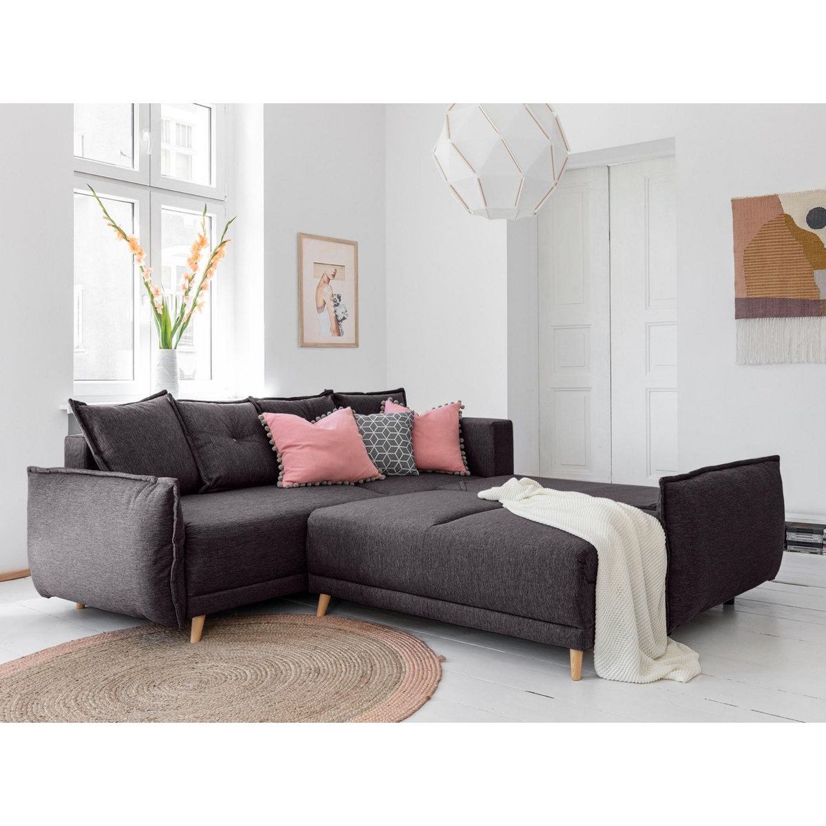 BEST MOBILIER Lena - canapé d'angle convertible - avec coffre - style scandinave - 5 places - gauche