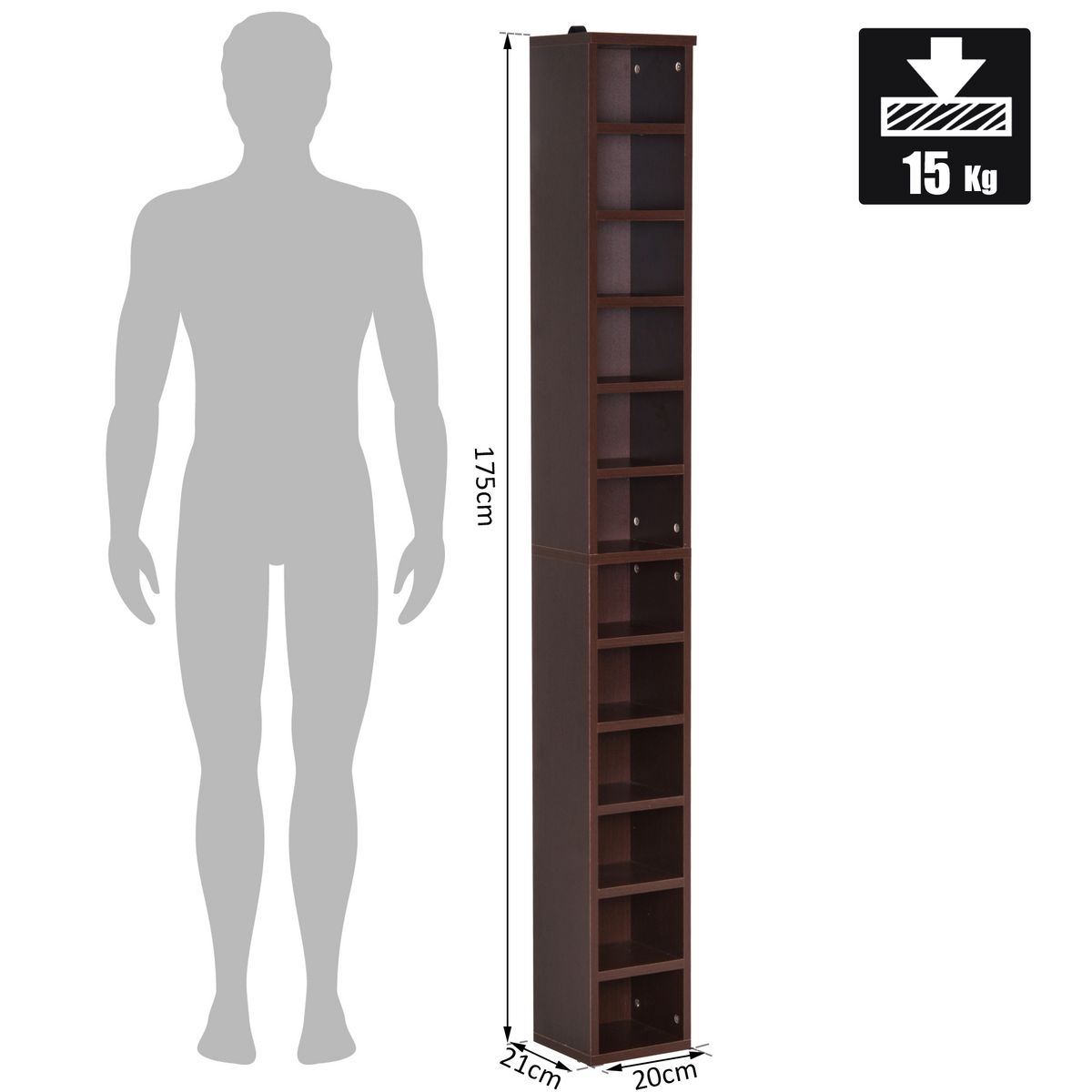 HOMCOM Étagère colonne armoire de rangement CD 12 compartiments 21L x 20l x 175H cm capacité max. 204 CD coloris noyer foncé