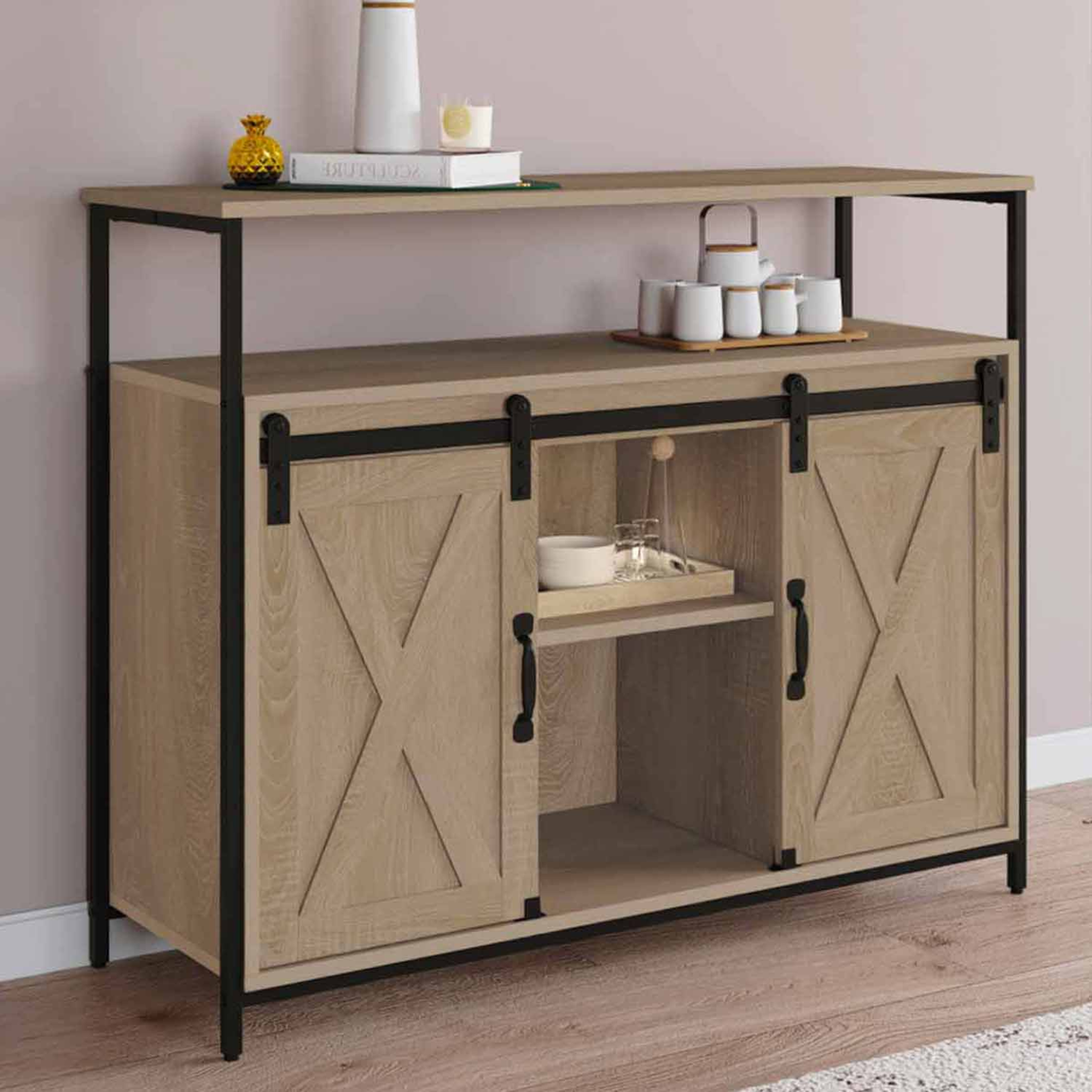 Voir la diapositive 2 : ID MARKET Buffet 100 cm quebec 2 portes grange coulissantes design industriel