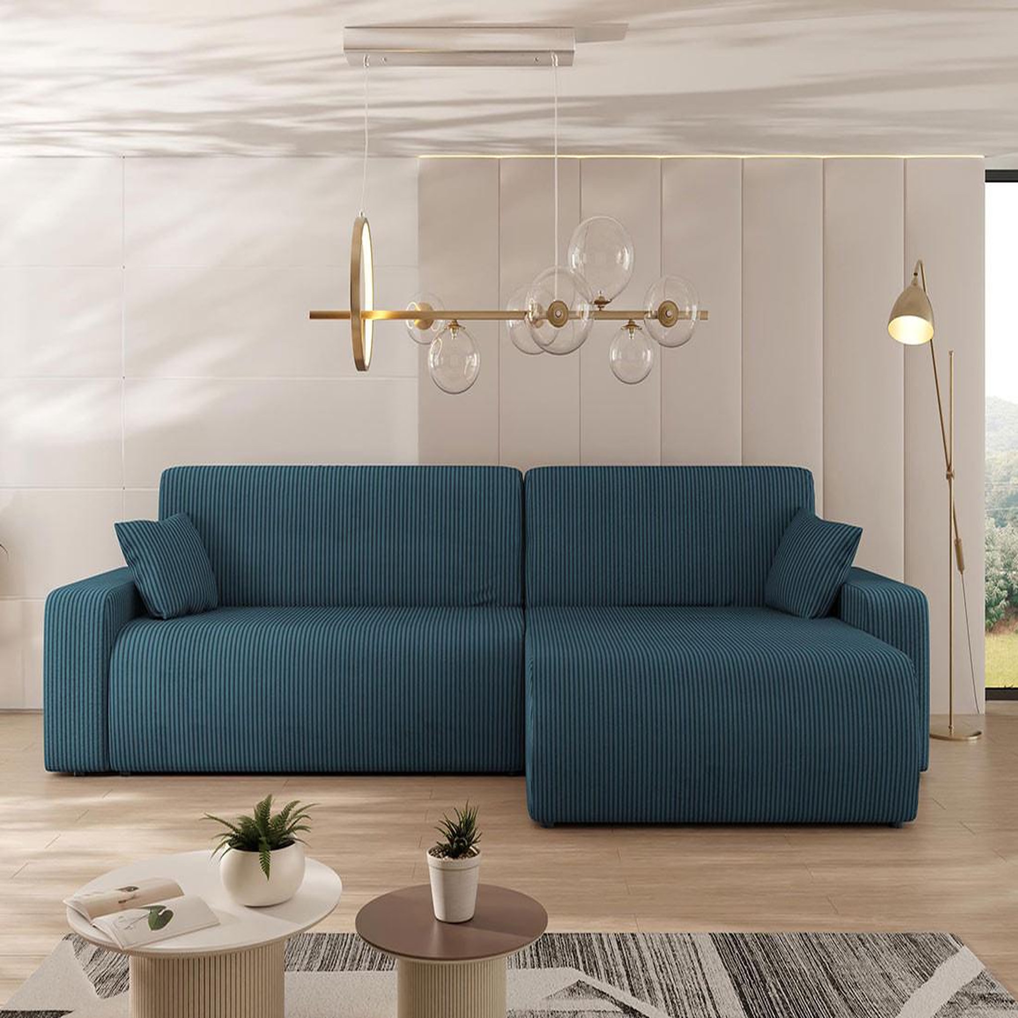 Voir la diapositive 4 : BEST MOBILIER Artemisa - canapé d'angle réversible 5 places convertible avec coffre en velours côtelé
