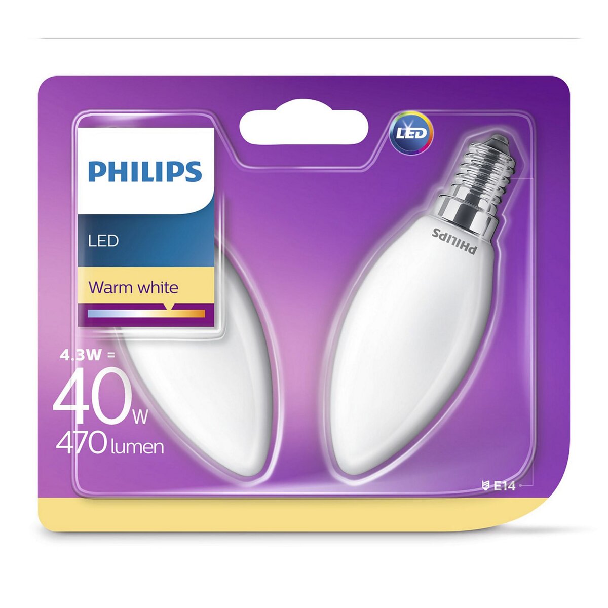 PHILIPS 2 ampoules LED Flamme 4,3W (40W) - E14