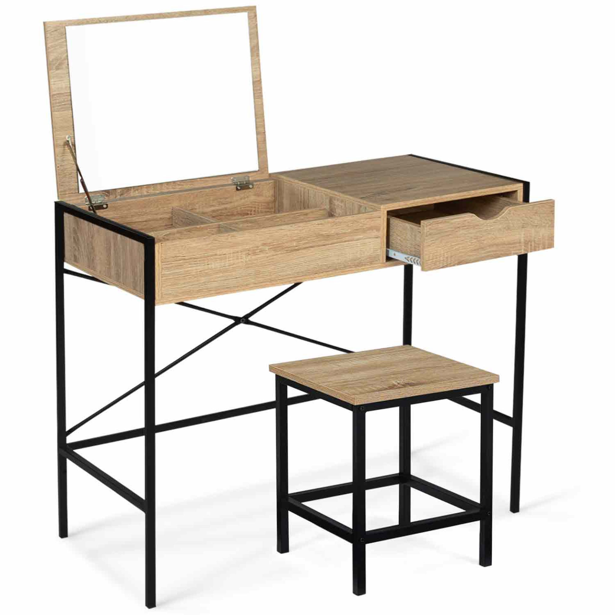 ID MARKET Coiffeuse luis miroir rabattable avec tabouret design industriel
