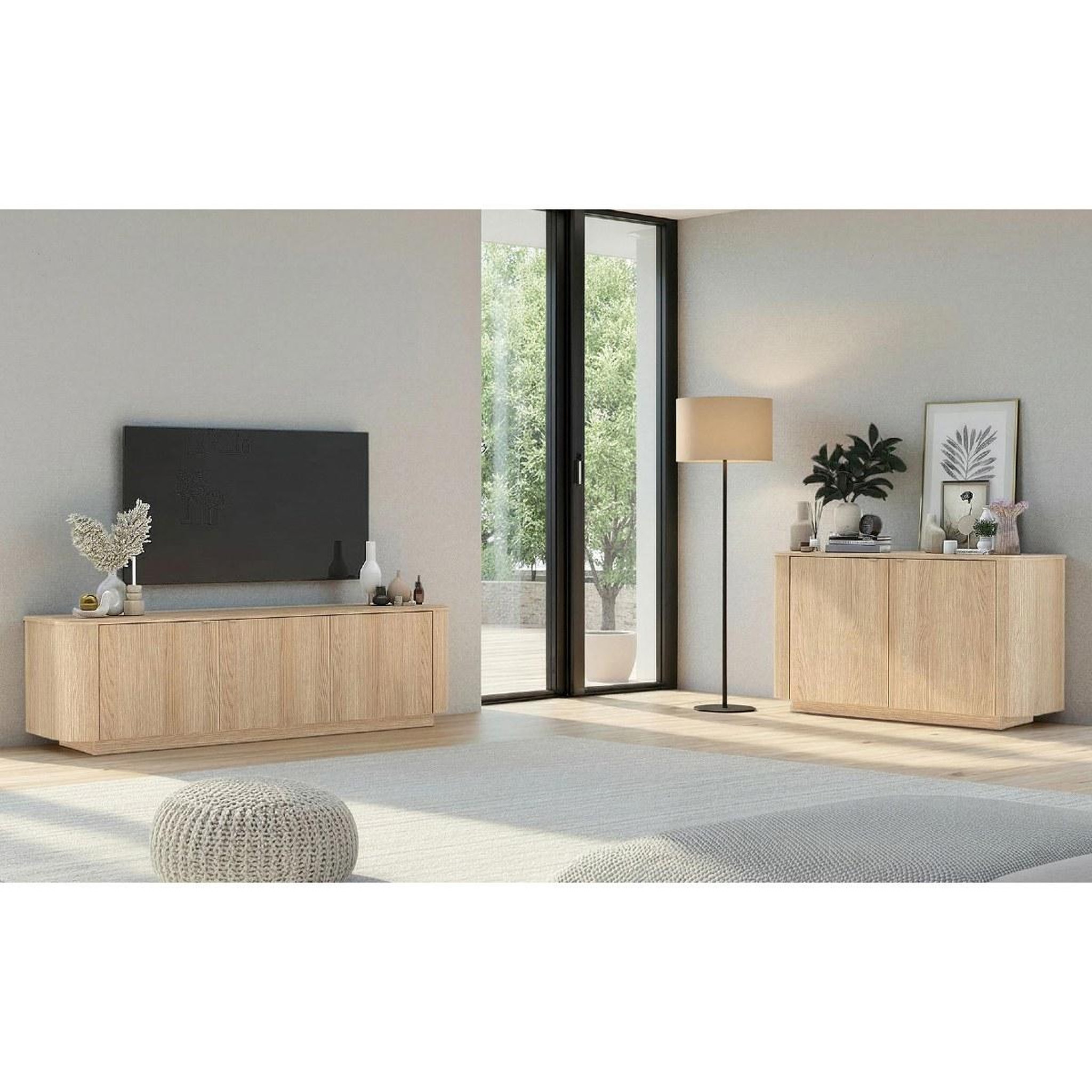 Voir la diapositive 5 : JLC KREATION Buffet bas arrondi 2 portes coloris chêne 130cm tika
