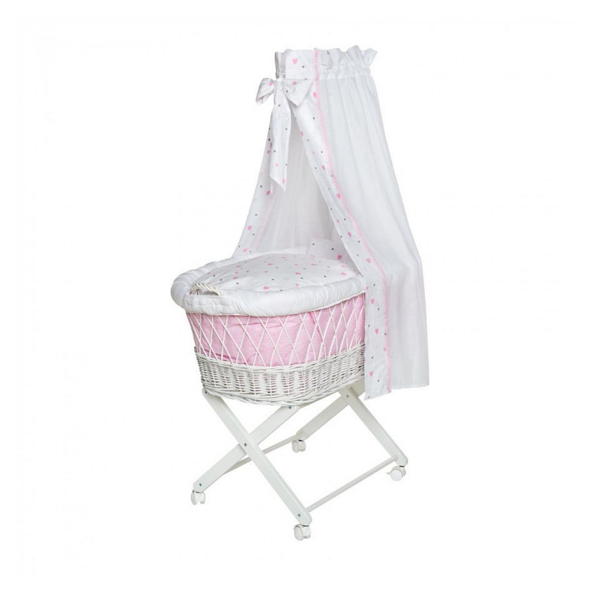 SCHARDT Berceau à roulettes Babsi osier blanc coeurs roses 55x90x140cm