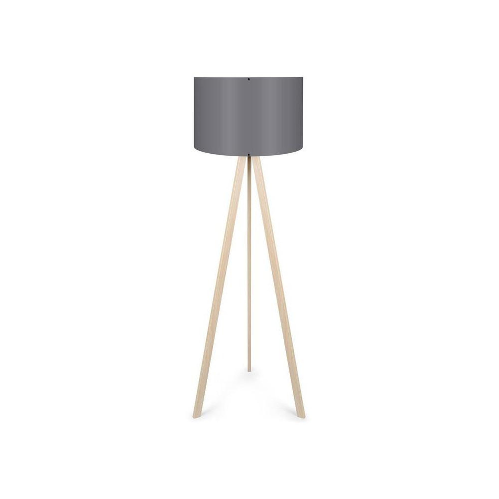 Lampadaire style scandinave moderne gris et chêne clair, en MDF et tissu PVC, abat-jour gris, douille E27 40 W, dimensions 38 x 140 cm