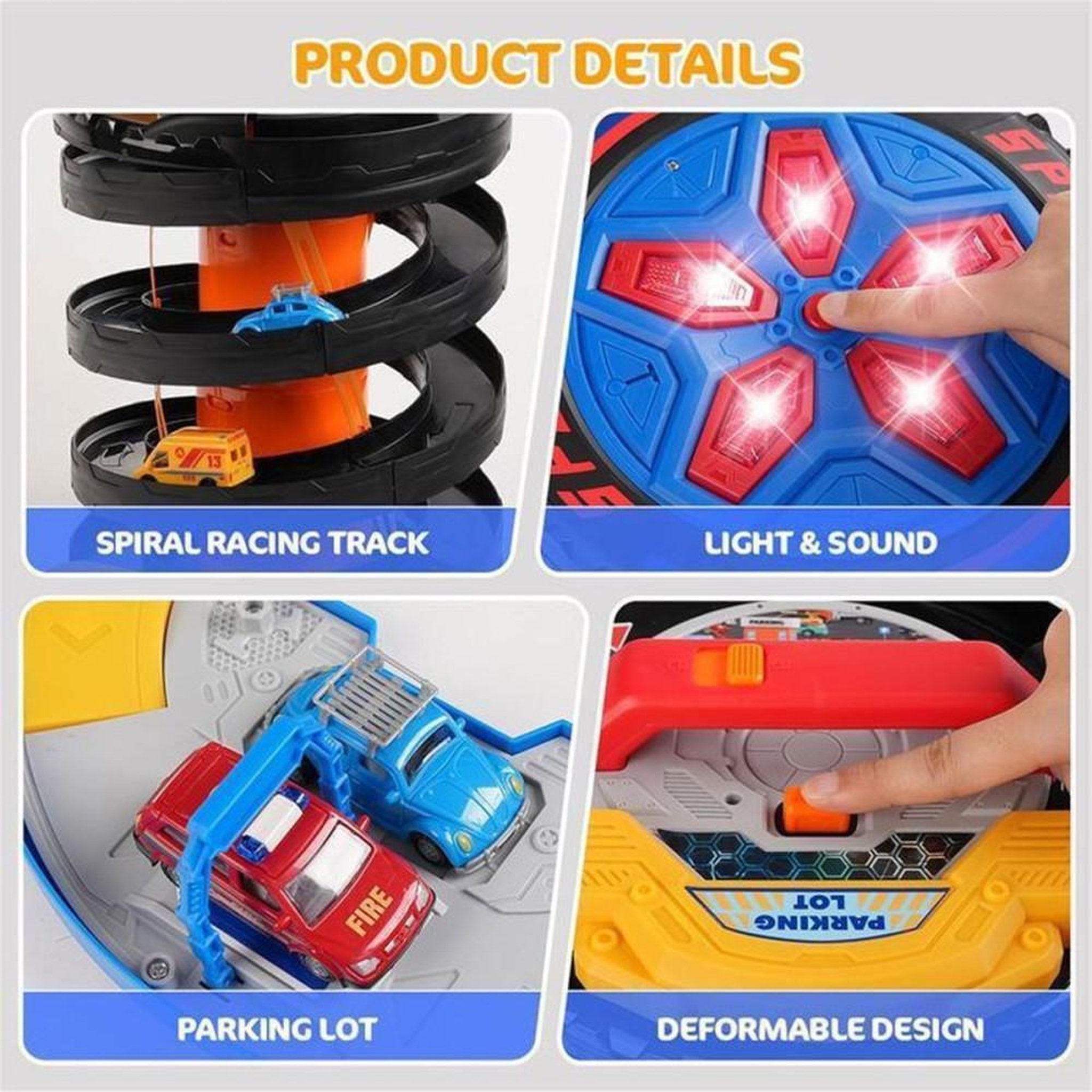 Voir la diapositive 4 : Circuit de course 2-en-1 pliable avec 5 mini voitures, boucle spirale/pancake, lumières et sons pour enfants dès 3 ans