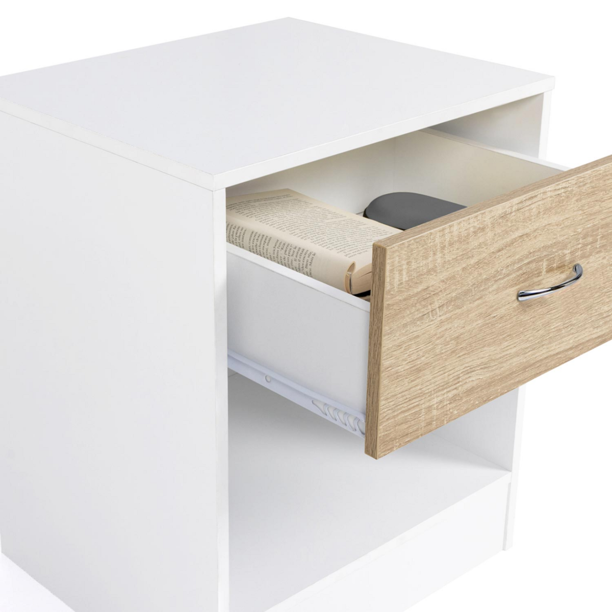 ID MARKET Lot de 2 tables de chevet OLGA 1 tiroir avec niche bois blanc et façon hêtre