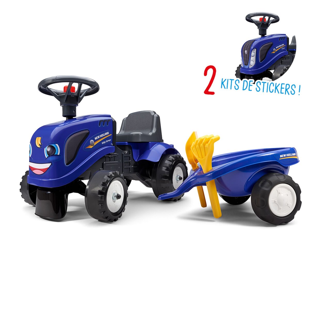 Falk / Falquet Porteur tracteur New Holland avec remorque - pelle et râteau - Bleu