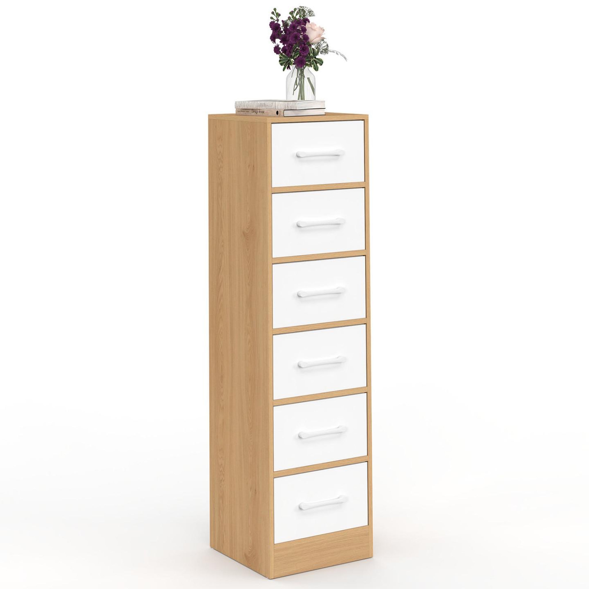 ID MARKET Meuble d'appoint 6 tiroirs uppah 30x30x110 cm chiffonnier pour entrée salle de bain bois façon hêtre et blanc