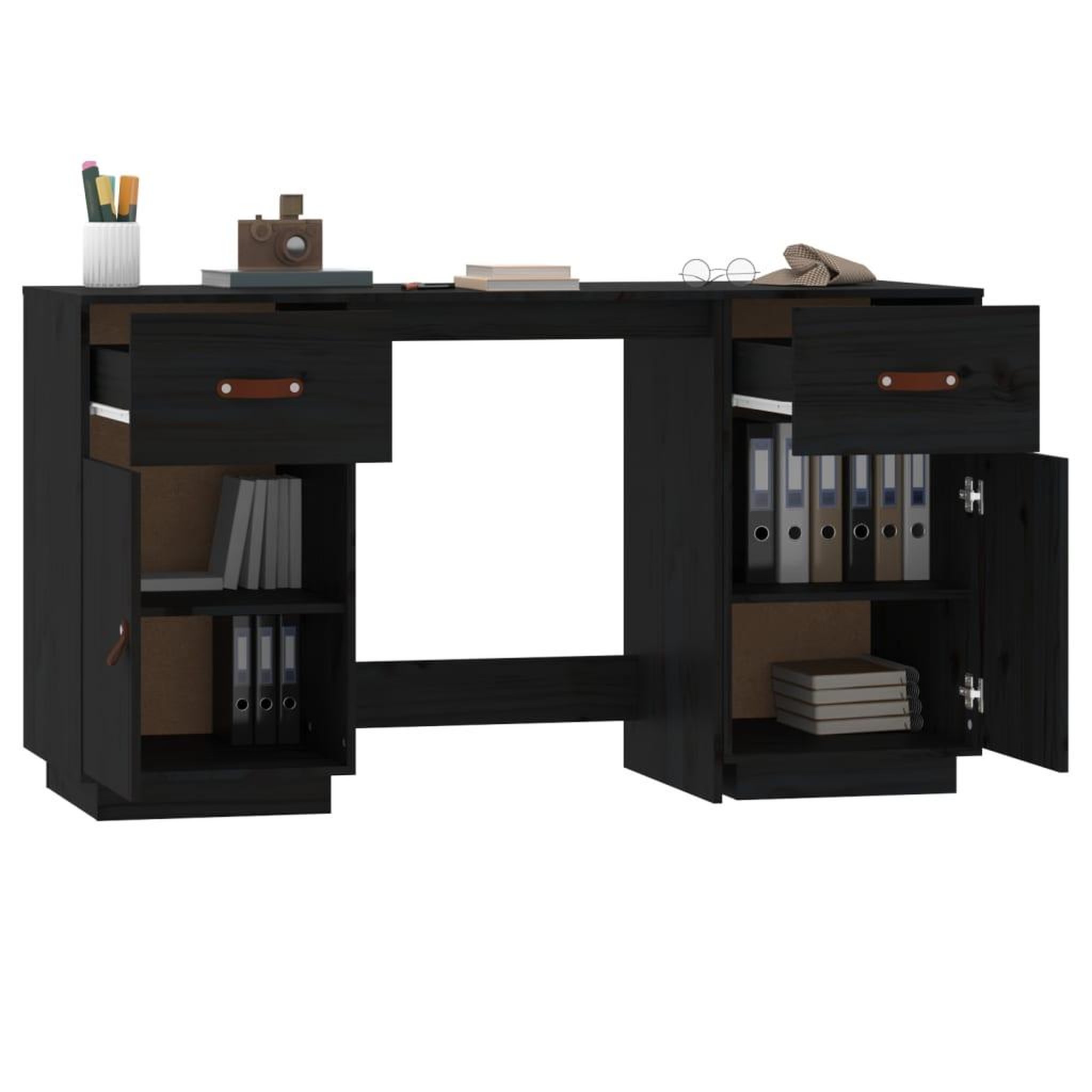 Voir la diapositive 5 : VIDAXL Bureau avec armoires Noir 135x50x75 cm Bois massif de pin