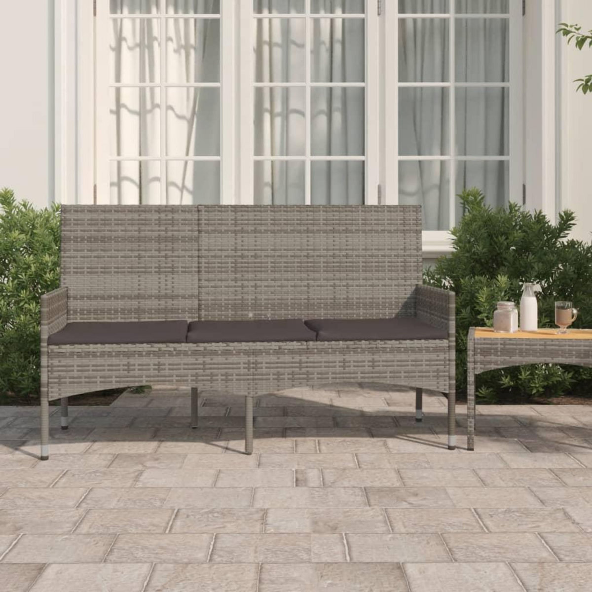 VIDAXL Banc de jardin a 3 places avec coussins Gris Resine tressee