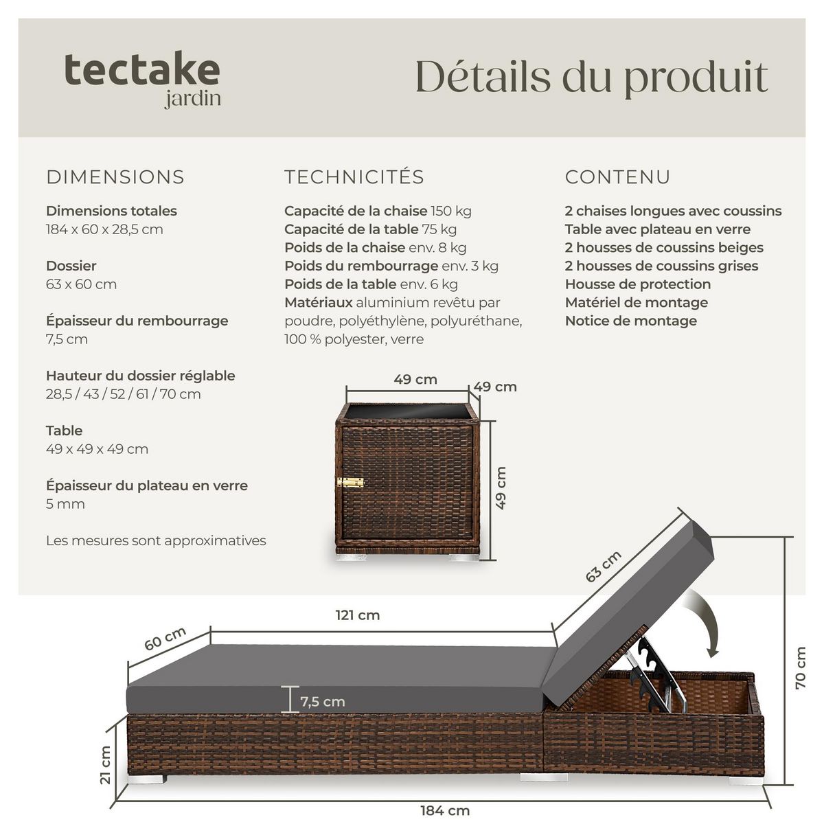 tectake Lot de 2 bains de soleil design luxueux avec cadre en aluminium marron