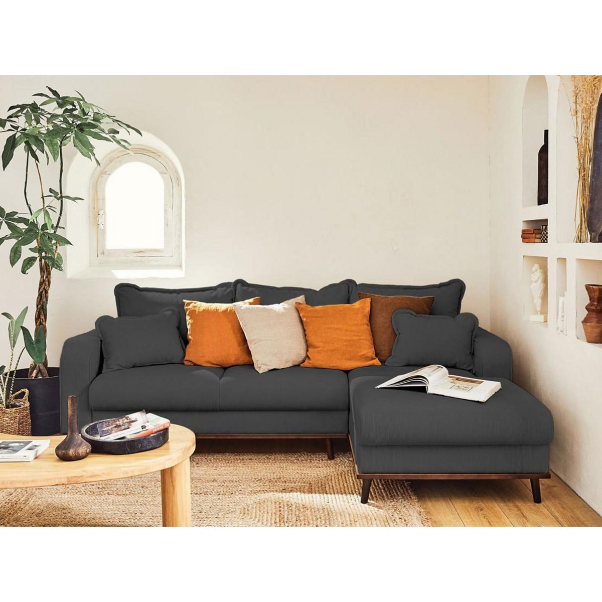 LISA DESIGN Albane - canapé d'angle droit - 4 places - convertible avec coffre - en velours côtelé