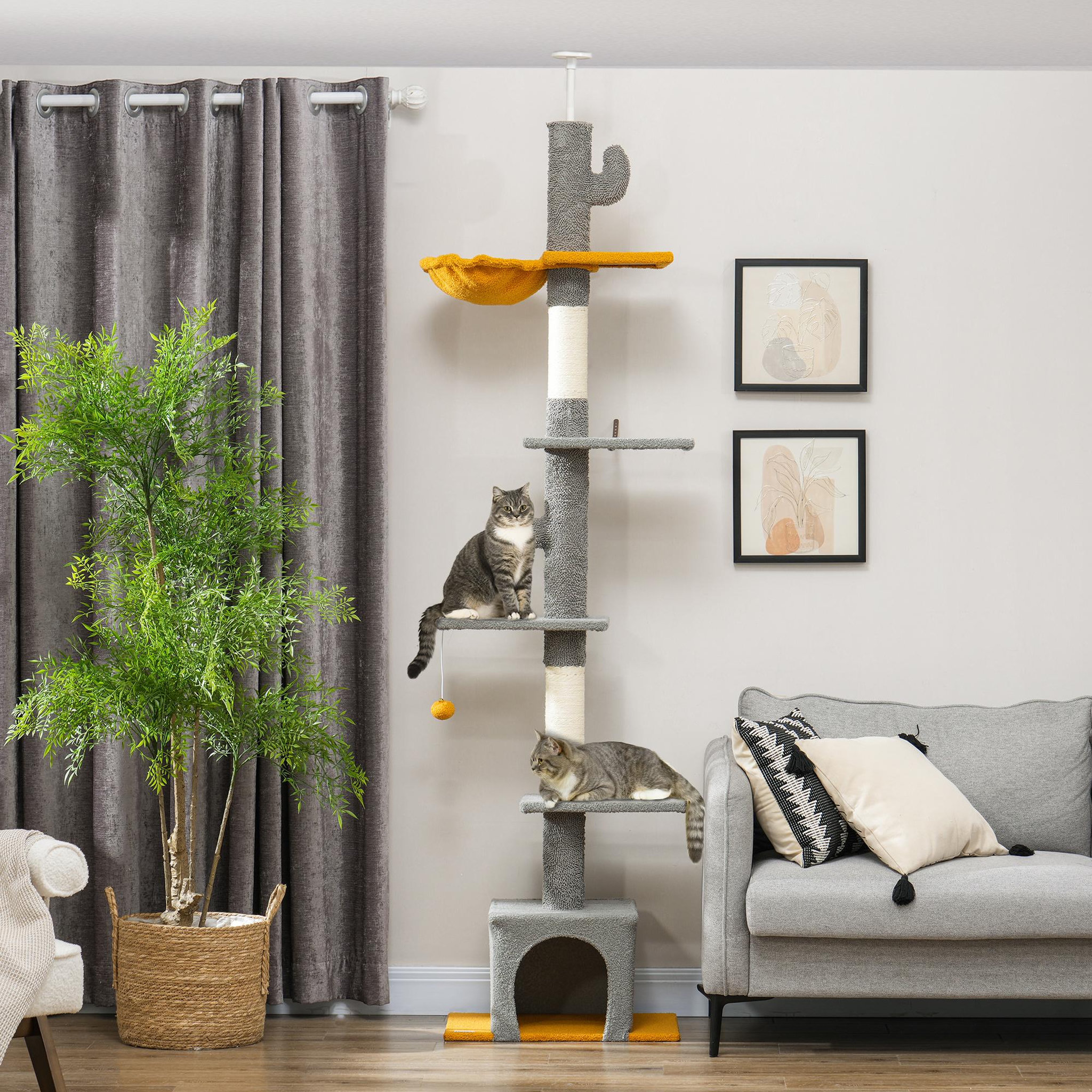 Voir la diapositive 4 : PAWHUT Arbre à chat cactus du sol au plafond - h. Réglable 230-275 cm - 6 niv. Équipement multiple - gris