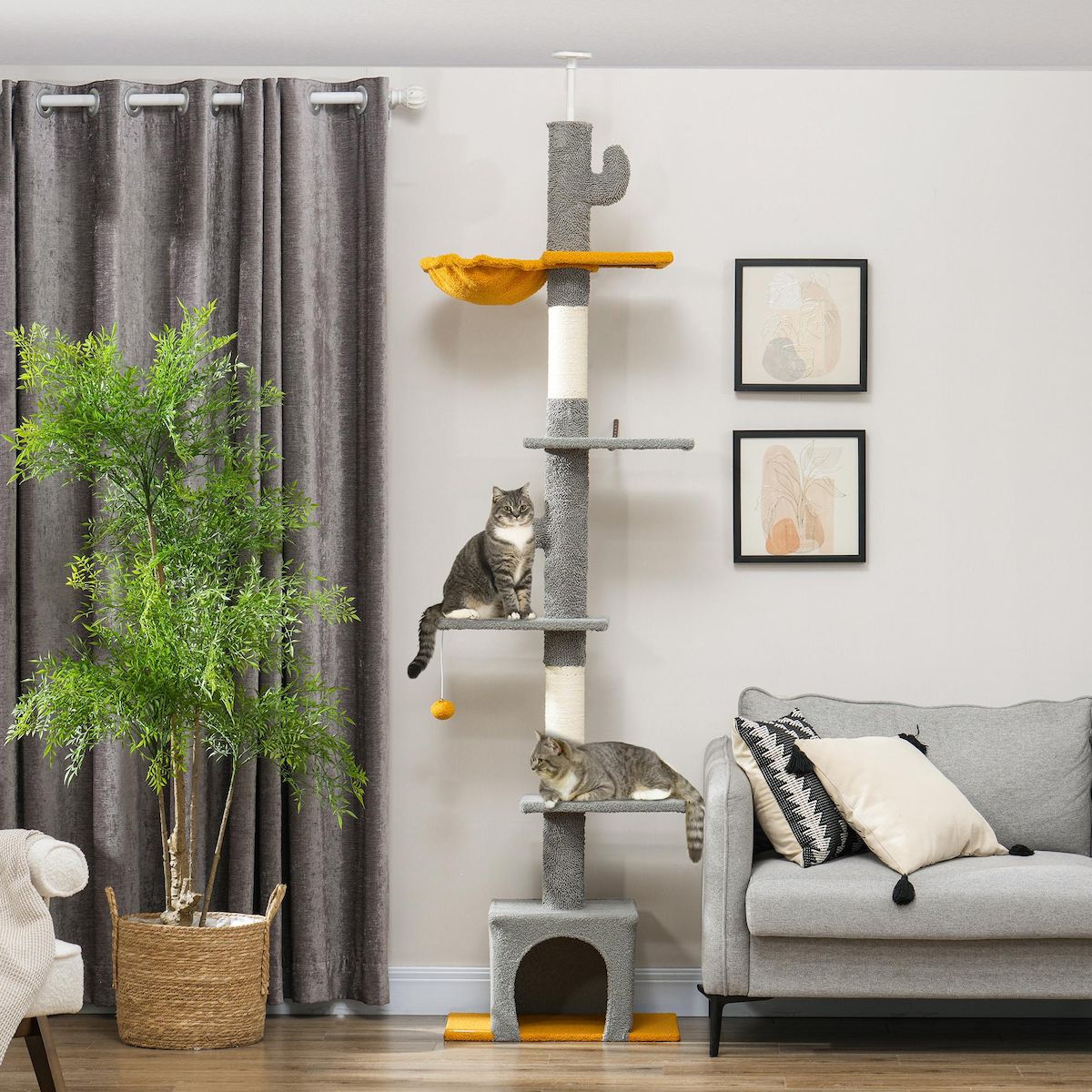 PAWHUT Arbre à chat cactus du sol au plafond - H. réglable 230-275 cm - 6 niv. équipement multiple - gris