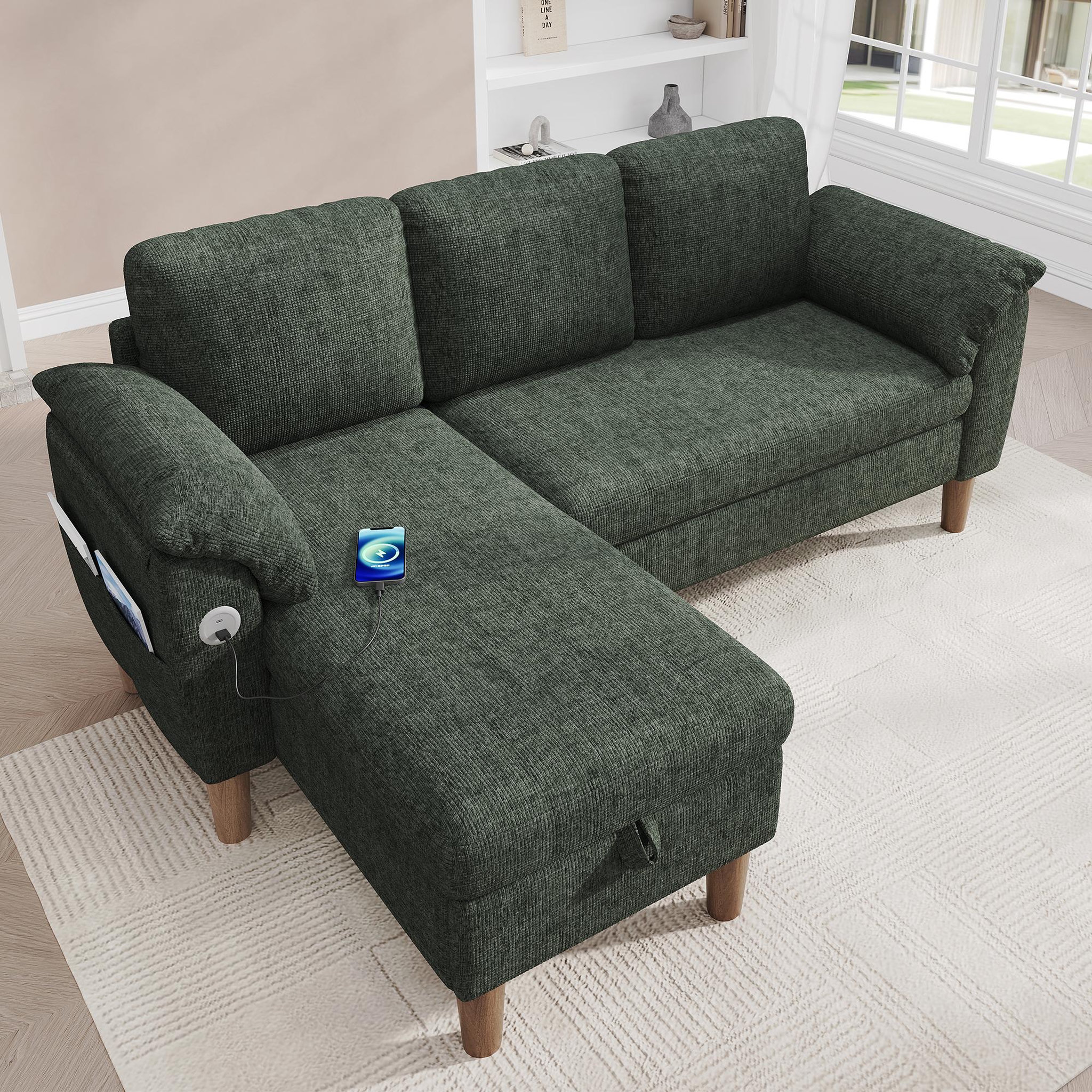Voir la diapositive 4 : MERAX Canapé d'angle 3 places avec méridienne coffre tissu chenille usb type-c