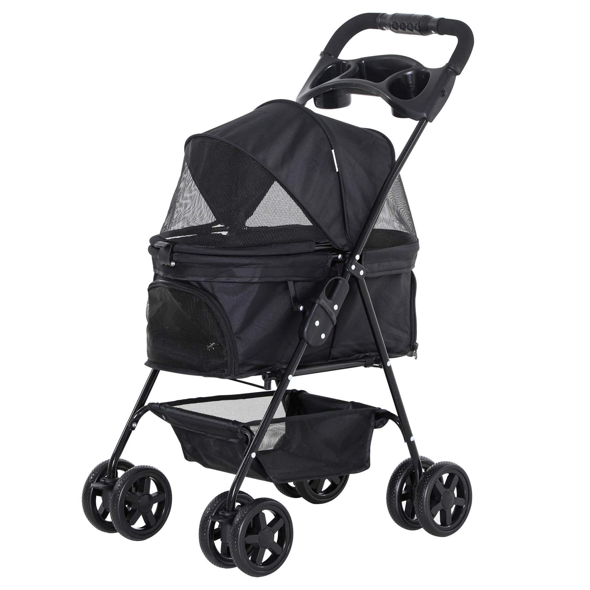 Voir la diapositive 1 : PAWHUT Poussette buggy pliable chien chat panier rangement porte-gobelets tissu 300d oxford imperméable 4 roues noir