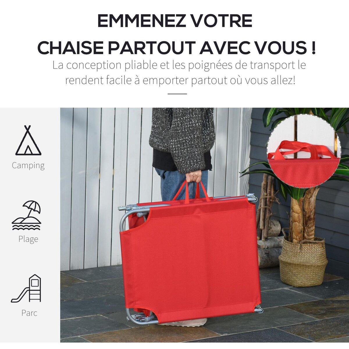 OUTSUNNY Bain de soleil transat pliable dossier réglable multipositions métal et polyester rouge