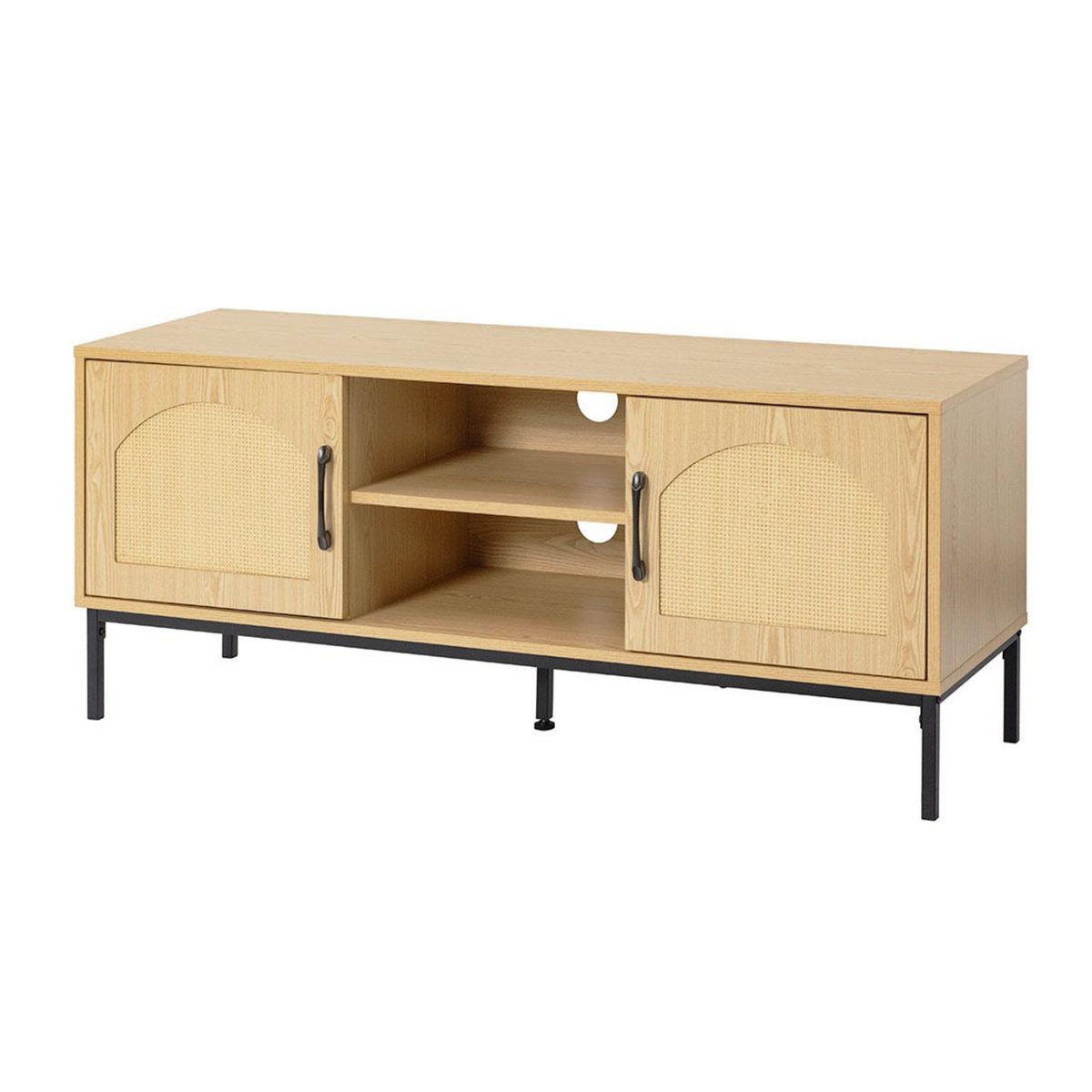 BEST MOBILIER Nagato - meuble tv - cannage et effet bois - 2 portes et 2 niches - 120 cm
