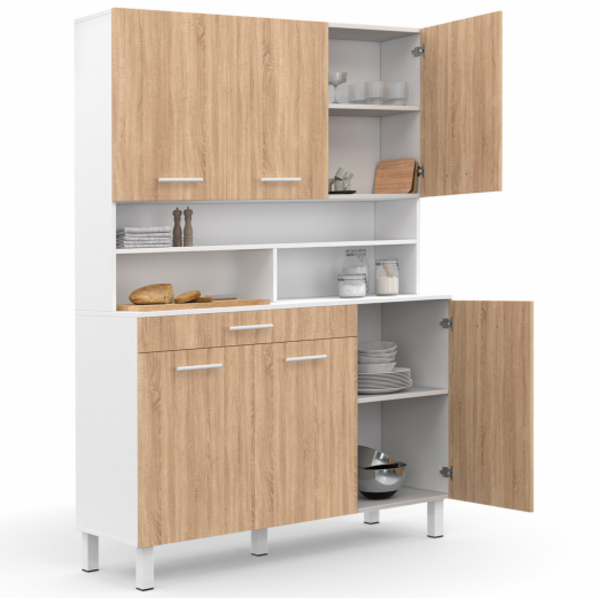 ID MARKET Buffet de cuisine 120 CM CINA 6 portes + tiroir blanc et façon hêtre