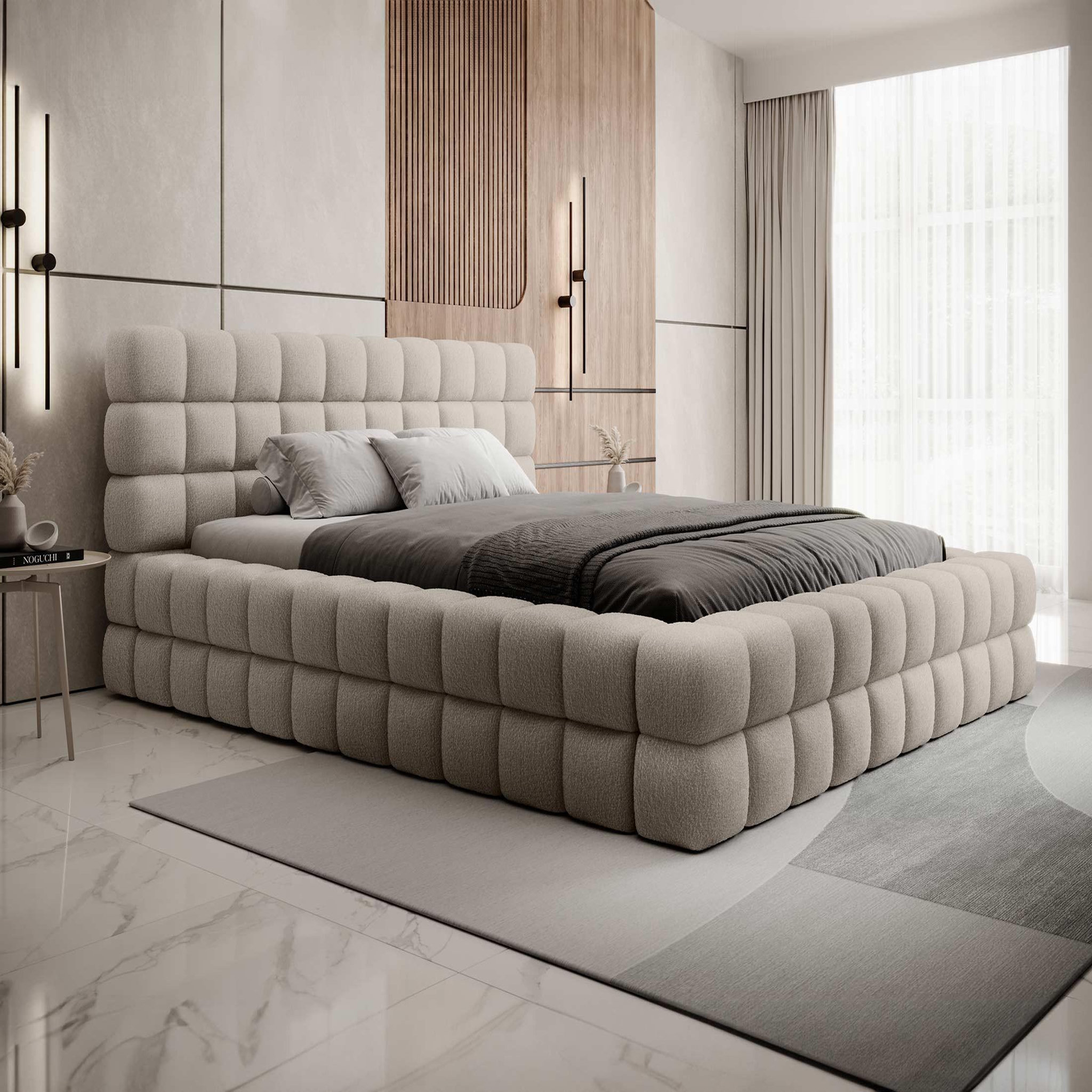 BEST MOBILIER Kingston - lit coffre - 180x200 - sommier inclus - en tissu bouclette. Coloris disponibles : Gris, Blanc, Beige
