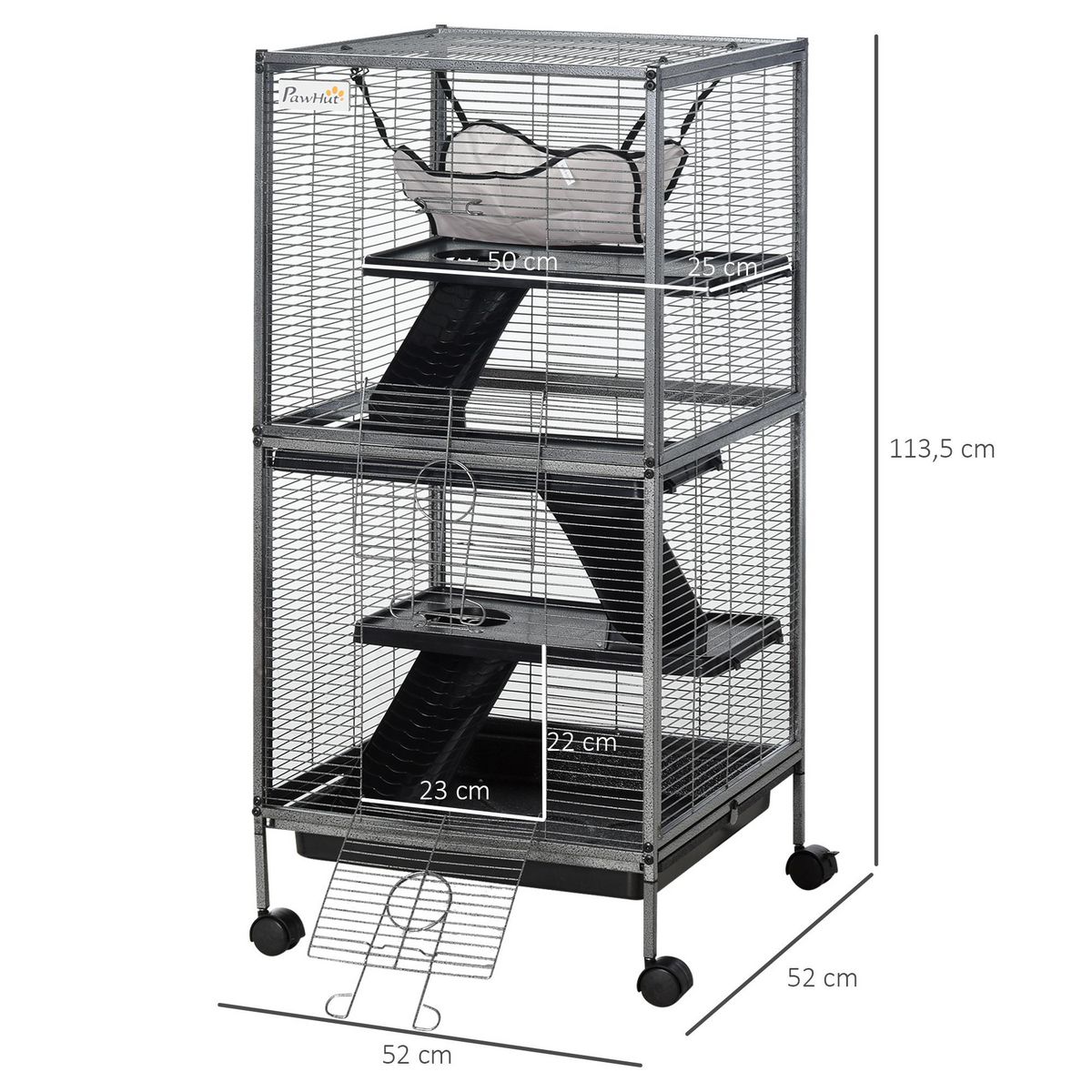 PAWHUT Cage pour petits animaux portable avec 2 portes hamac métal PP 52 x 52 x 113,5 cm