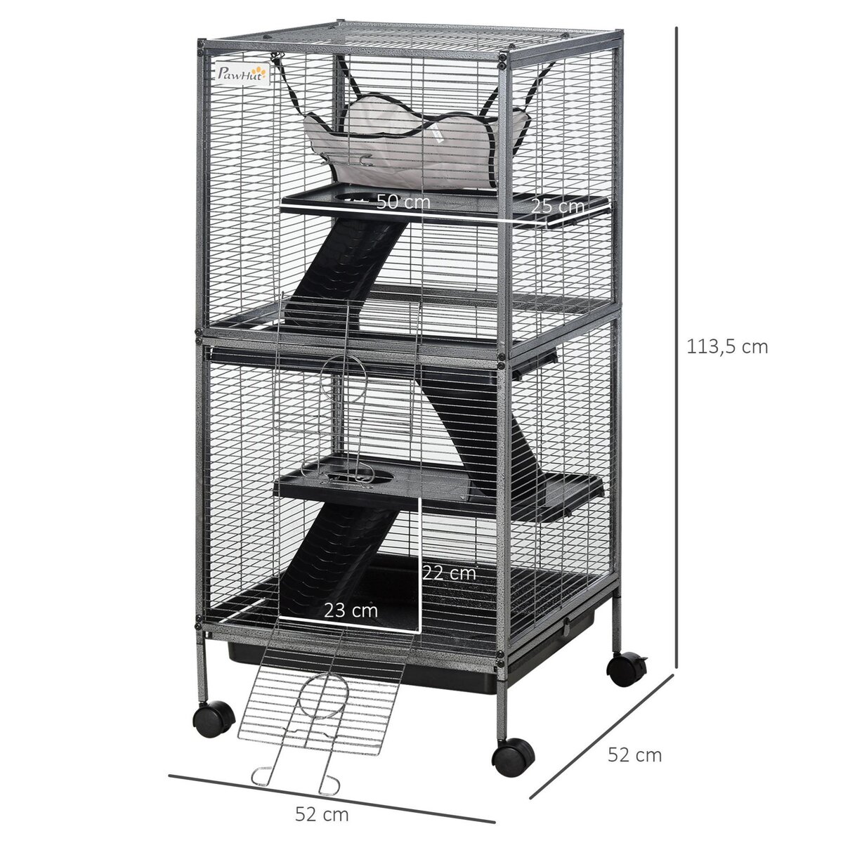 PAWHUT Cage pour petits animaux portable avec 2 portes hamac métal PP 52 x 52 x 113,5 cm