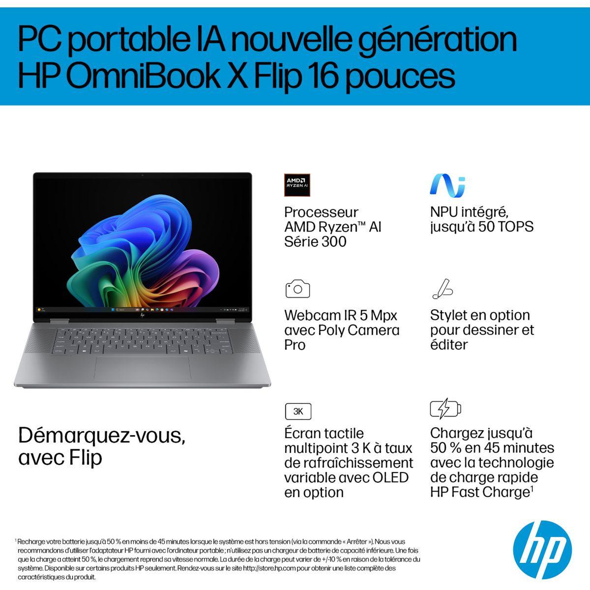 Voir la diapositive 4 : HP Ordinateur portable omnibook x flip ar0003nf 16 pouces oled amd ryzen ai 7 350 24 go ram lpddr5x ssd 512 go copilot+pc