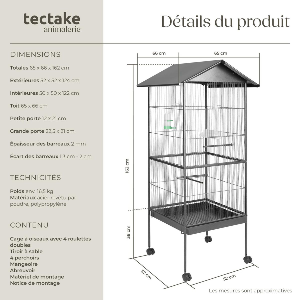 tectake Cage à oiseaux en finition martelée gris anthracite