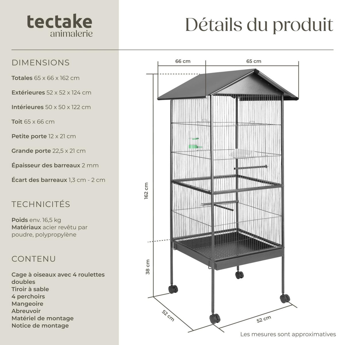 tectake Cage à oiseaux en finition martelée gris anthracite
