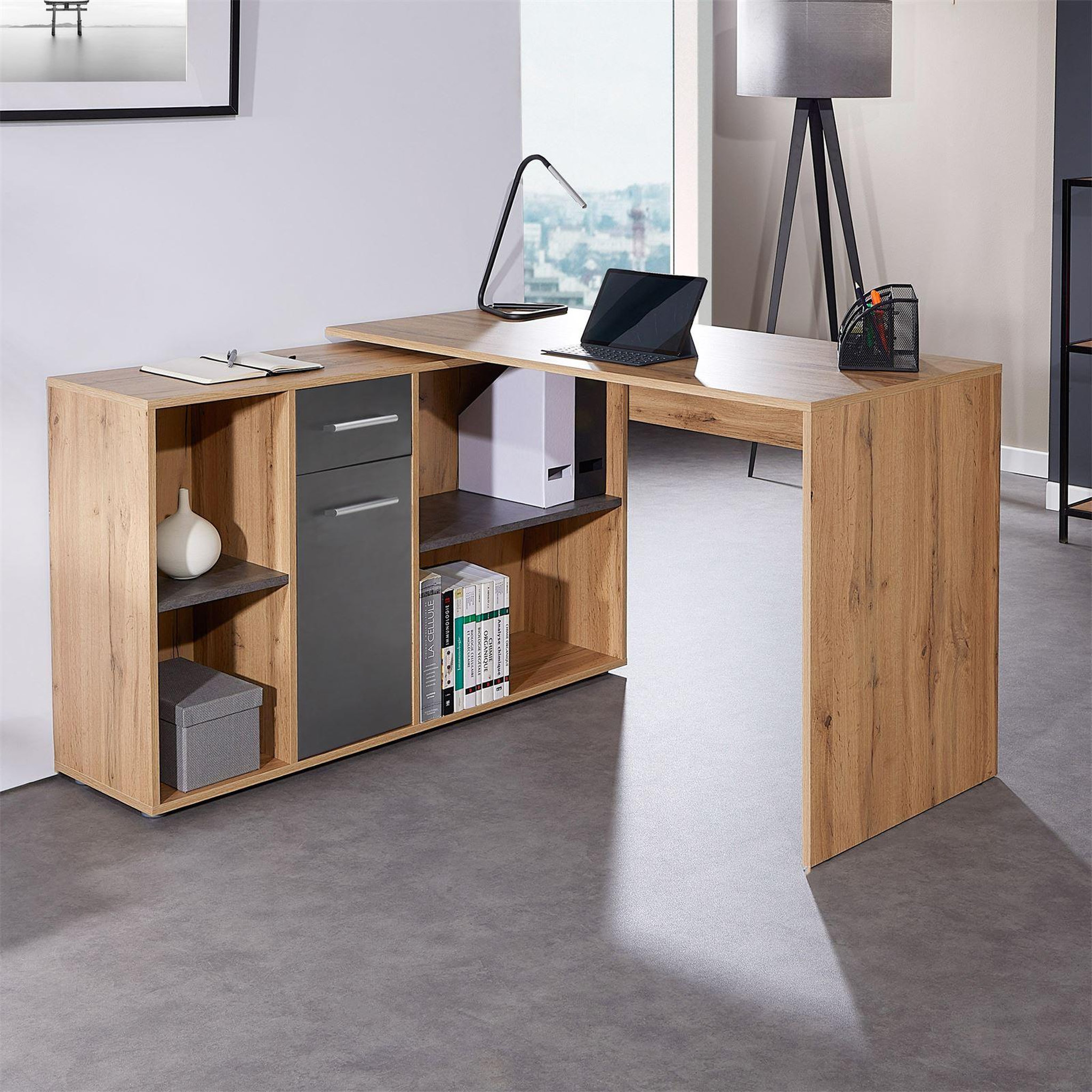 Voir la diapositive 2 : IDIMEX Bureau d'angle carmen avec meuble de rangement
