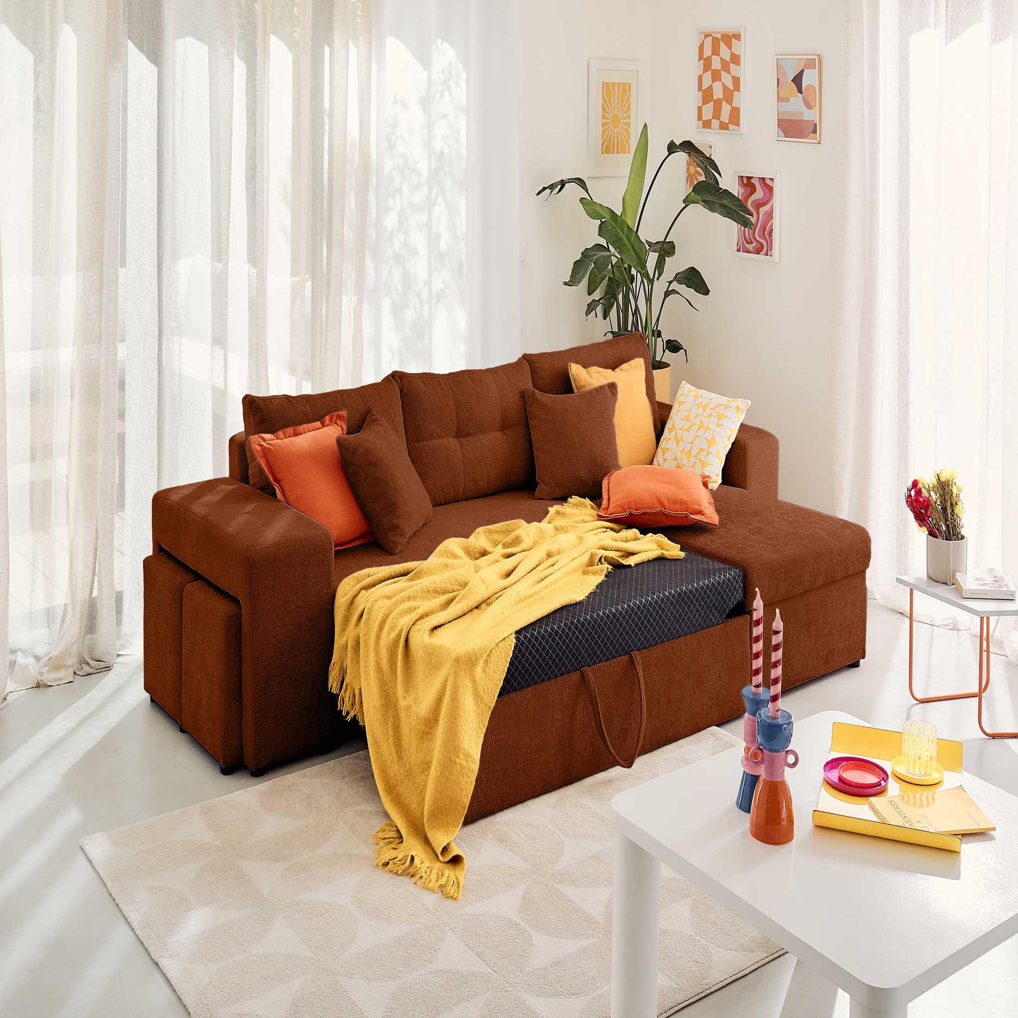 Voir la diapositive 2 : BEST MOBILIER California - canapé d'angle réversible 4 places - convertible avec coffre, étagère et poufs - en velours texturé