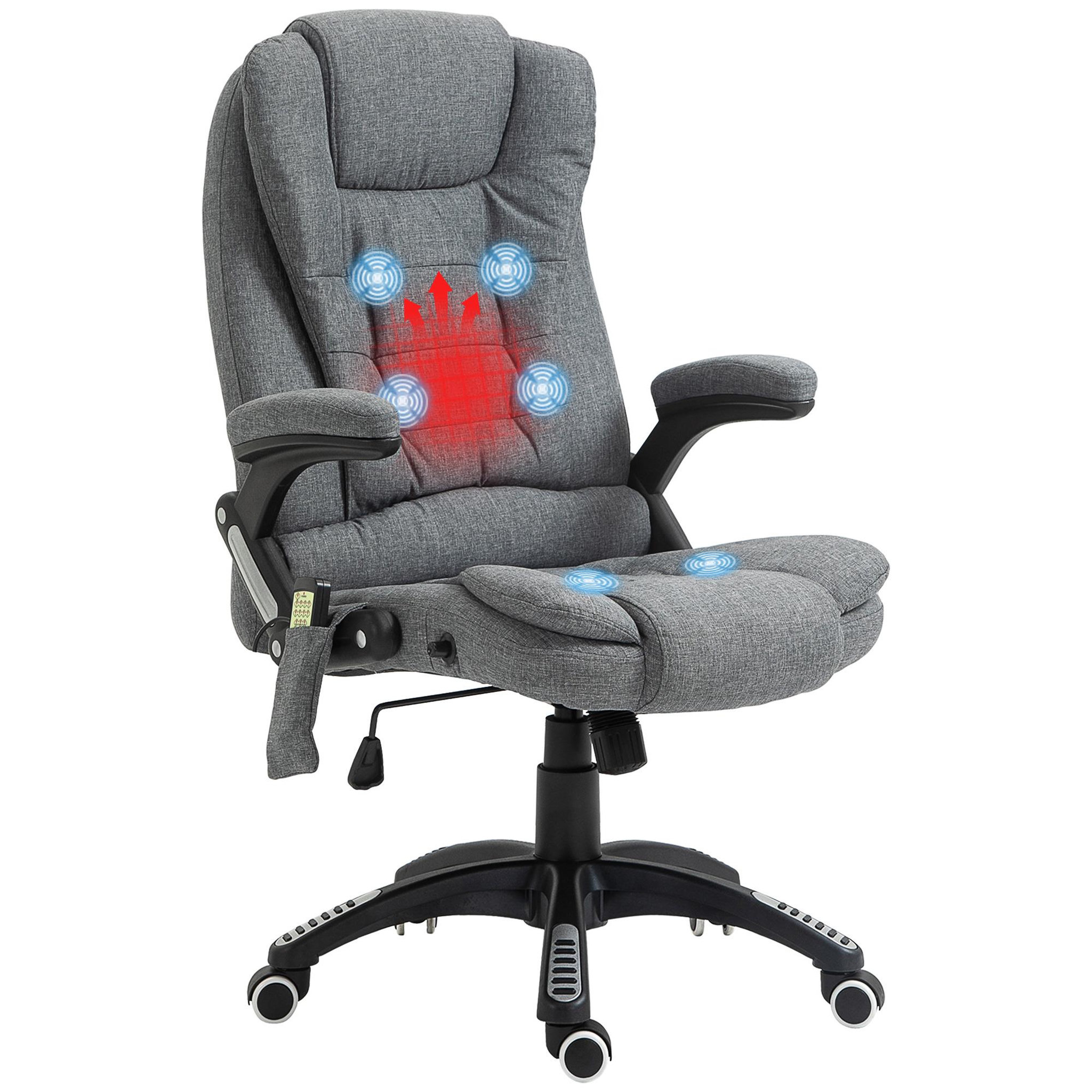 HOMCOM Fauteuil de bureau direction massant chauffant hauteur réglable dossier inclinable toile de lin gris chiné