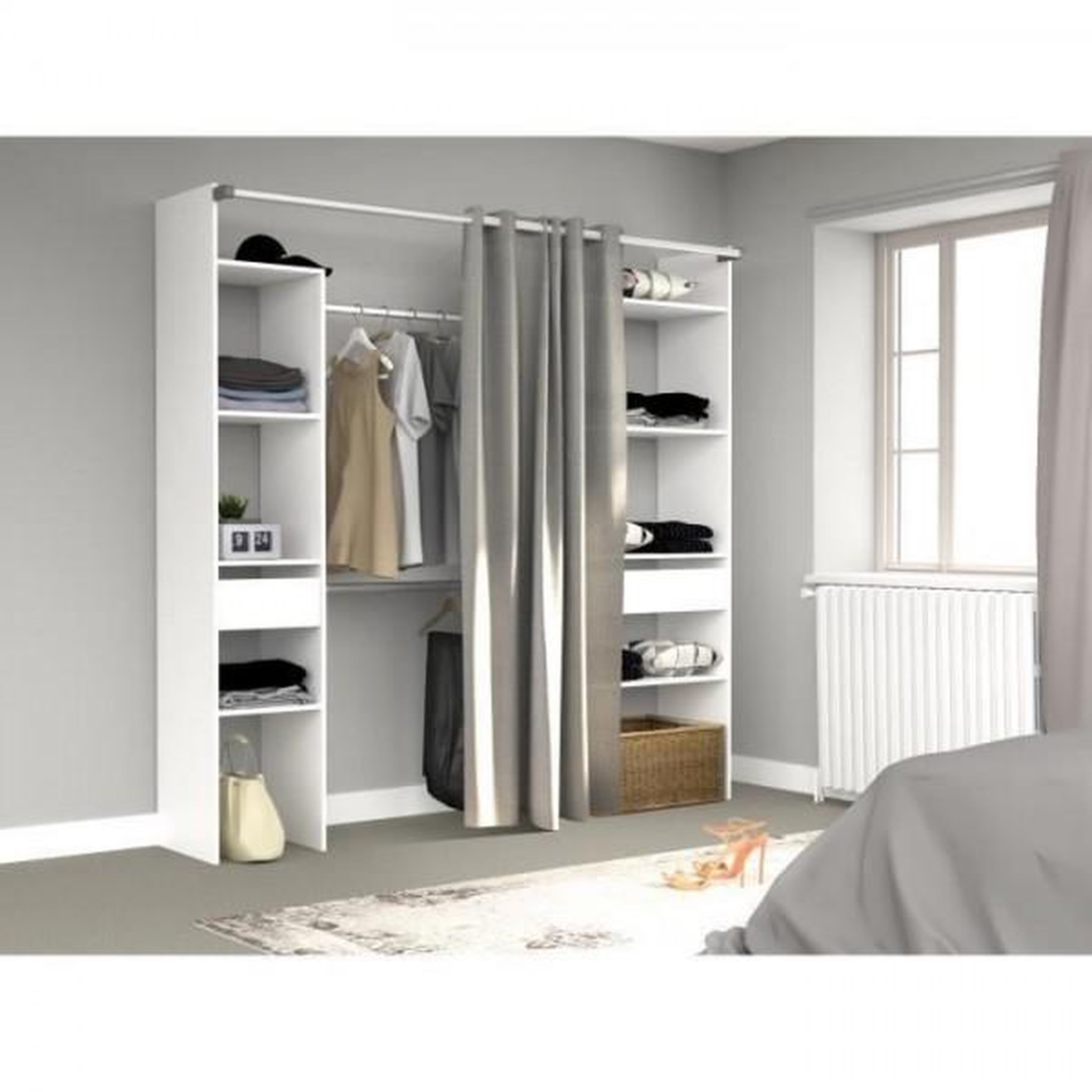 Voir la diapositive 3 : EKIPA Kit dressing ARTIC avec rideau - Décor Blanc - 2 colonnes + 2 penderies + 2 tiroirs - L 198 x P 40 x H 203 cm - EKIPA