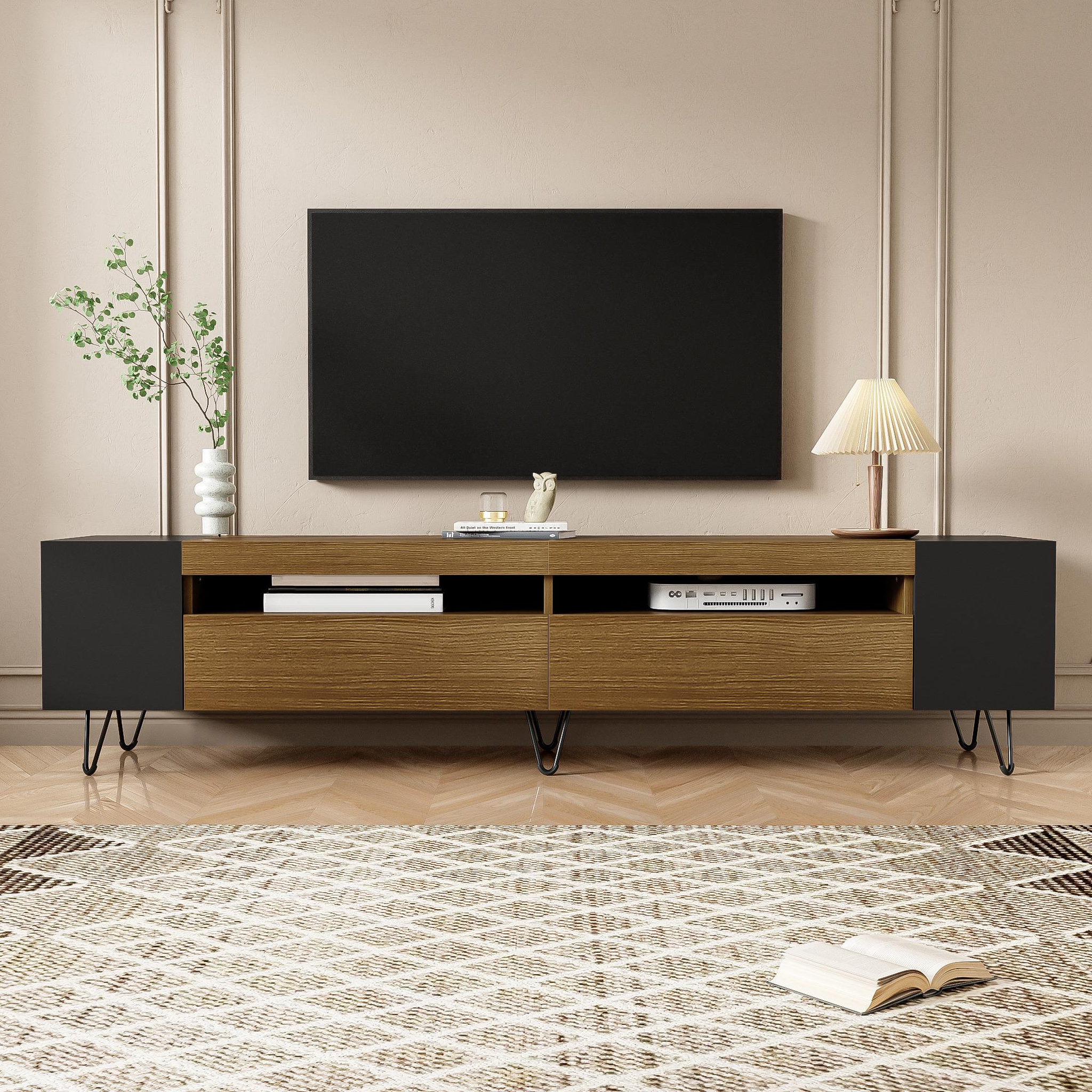 Voir la diapositive 2 : MERAX Meuble tv noir+naturel 180 cm mdf