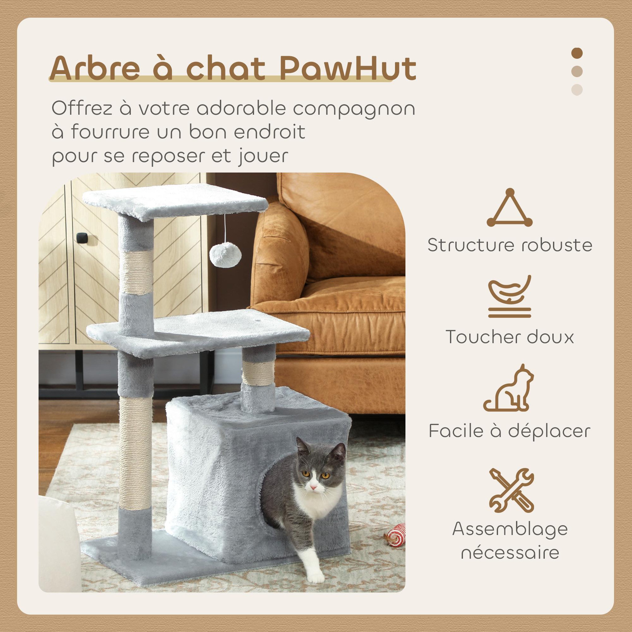 Voir la diapositive 6 : PAWHUT Arbre à chat h.81cm niche 3 griffoirs 2 plateformes jeu boule suspendue gris