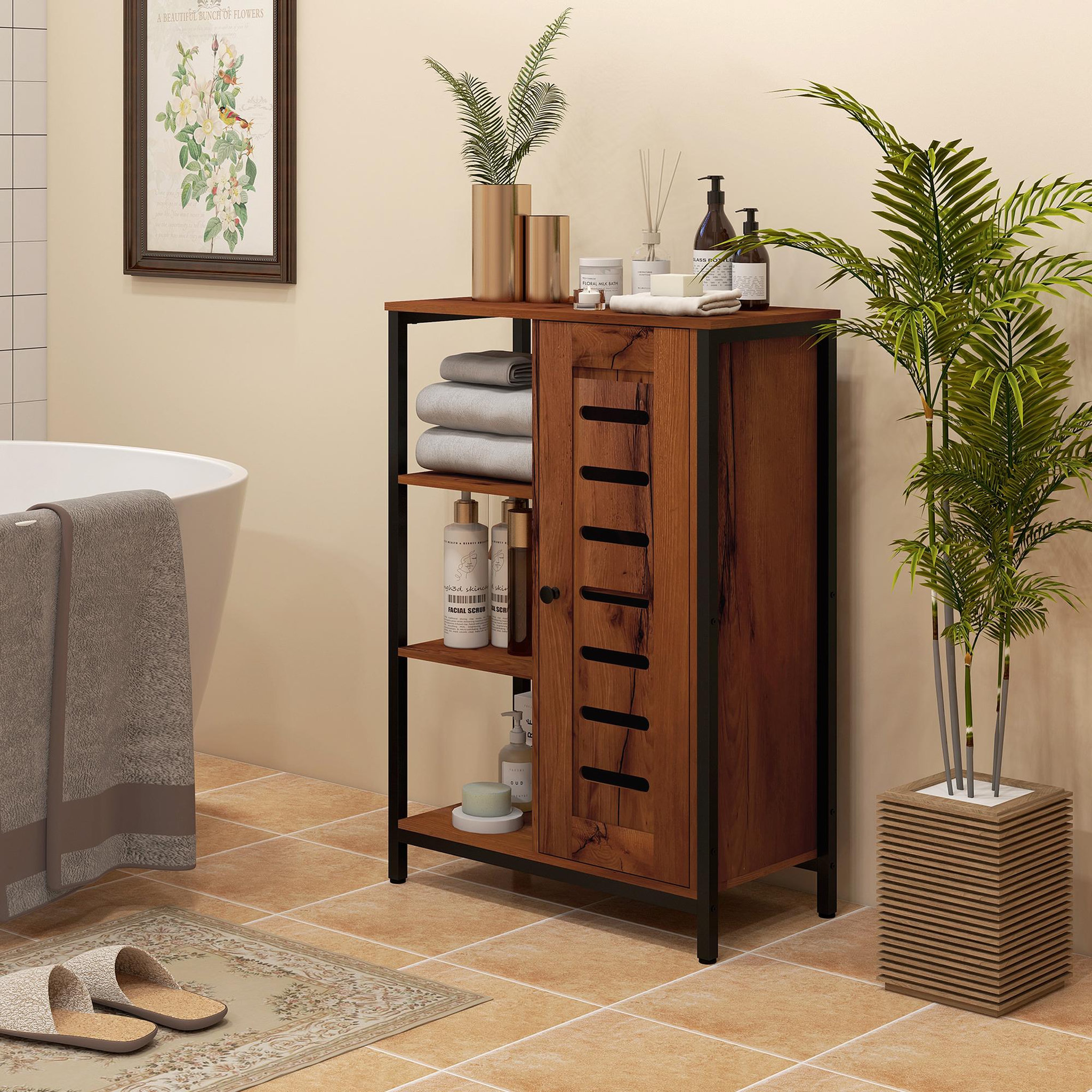 Voir la diapositive 2 : KLEANKIN Meuble de salle de bain sur pied, meuble de rangement, design industriel, structure en acier, 3 étagères ouvertes, placard à 2 niveaux, porte à lamelles, 60 x 30 x 85 cm, marron rustique