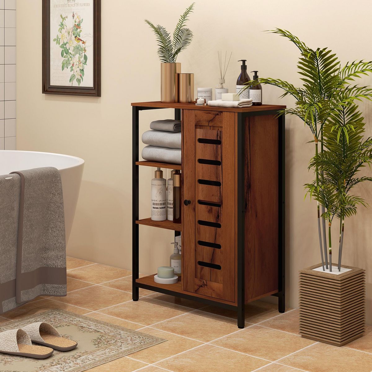 KLEANKIN Meuble de salle de bain sur pied, meuble de rangement, design industriel, structure en acier, 3 étagères ouvertes, placard à 2 niveaux, porte à lamelles, 60 x 30 x 85 cm, marron rustique