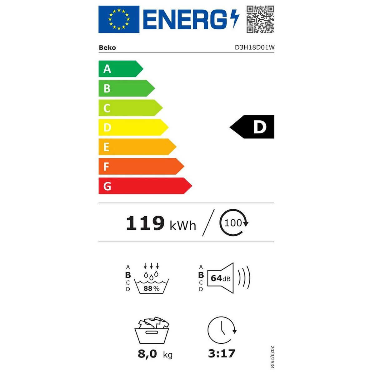 Beko Sèche-linge pompe à chaleur 60cm 8kg blanc - D3H18D01W
