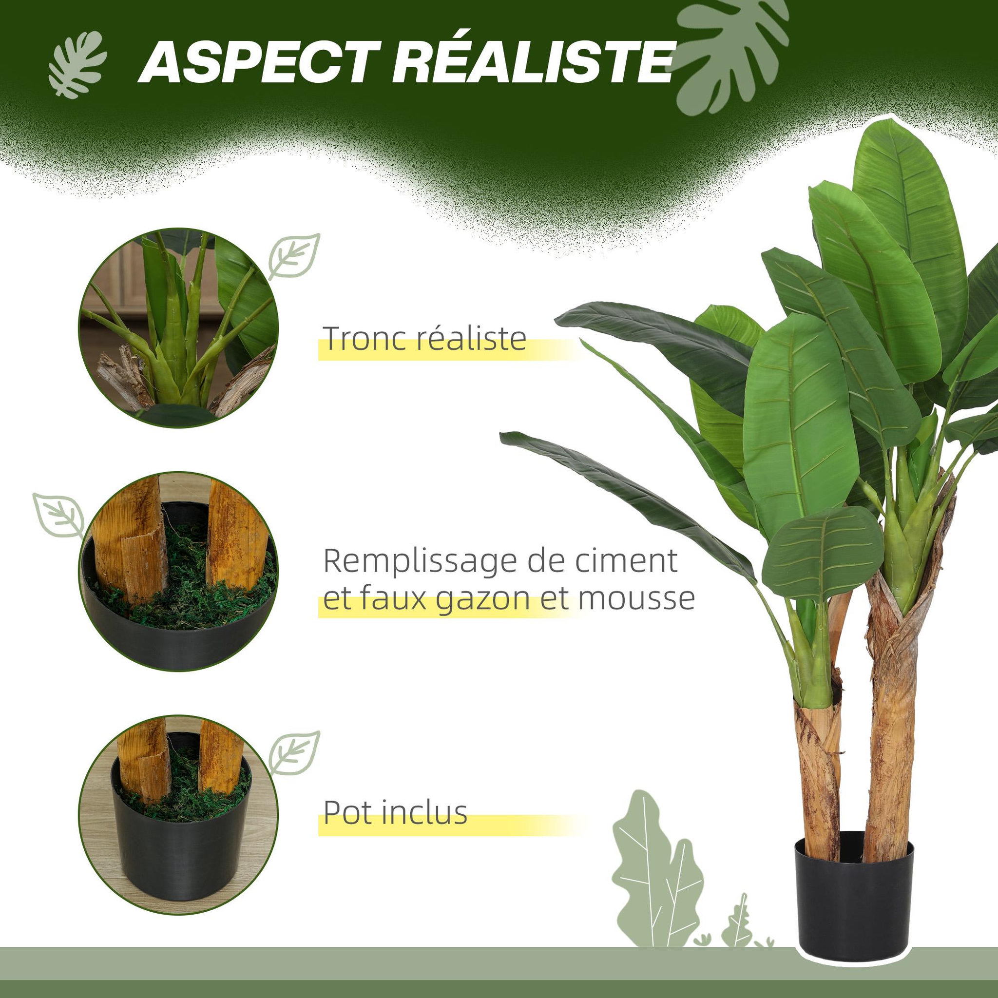 Voir la diapositive 6 : HOMCOM Lot de 2 plantes artificielles bananiers H.120 cm - grand réalisme - 15 feuilles - mousse effet lichen pots inclus
