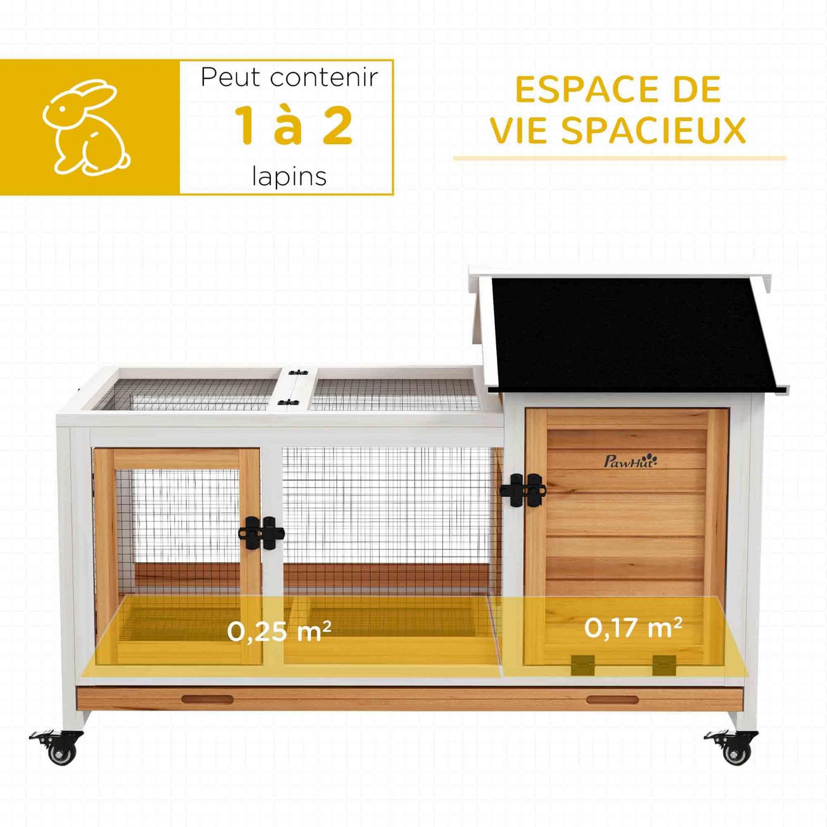 PAWHUT Clapier à lapin sur roulettes cage à lapin porte, rampe trappe verrouillables toit ouvrant niche bois sapin acier naturel blanc