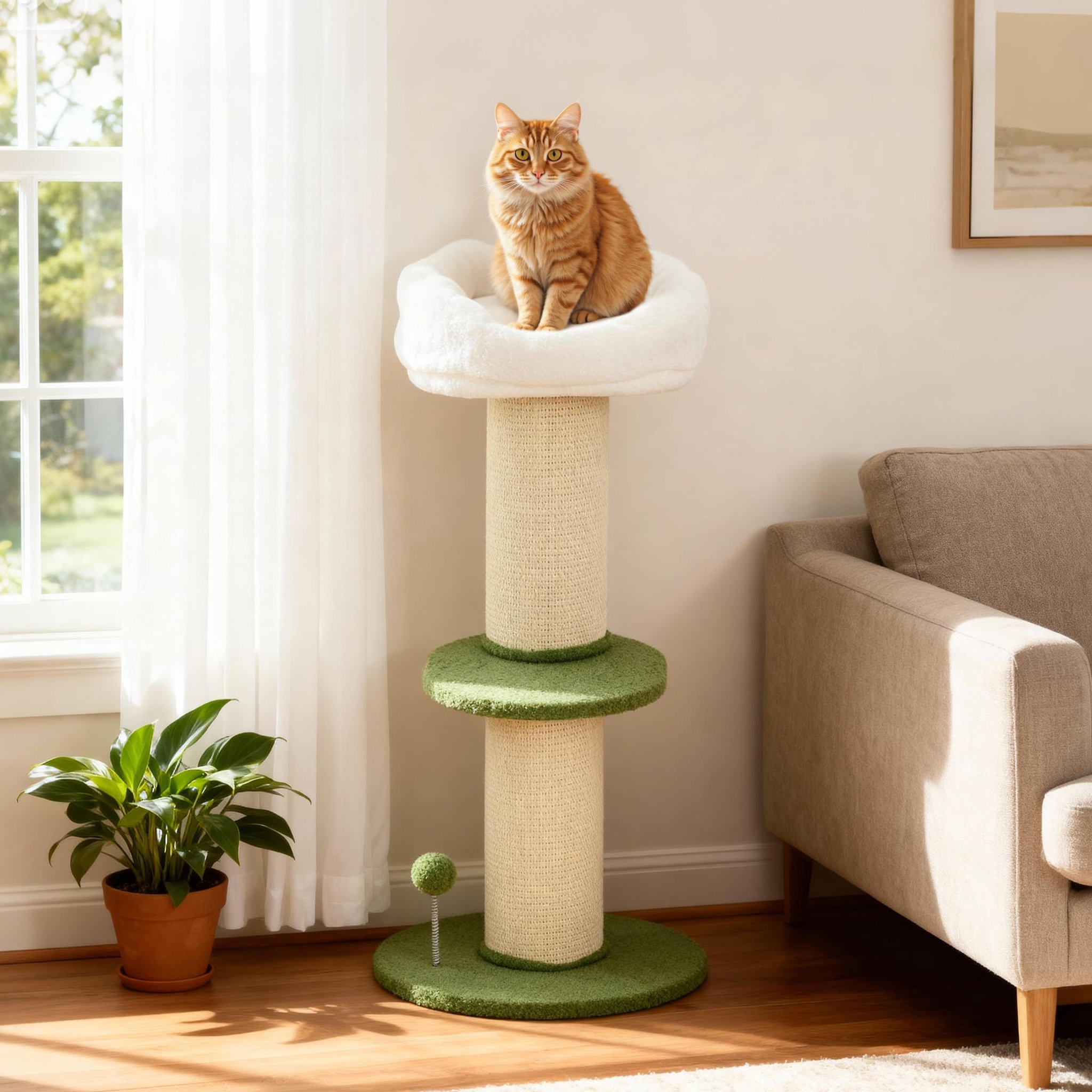 Voir la diapositive 2 : PAWHUT Arbre à chat griffoir design fleurs h.92 cm plateforme et panier d'observation boule à ressort