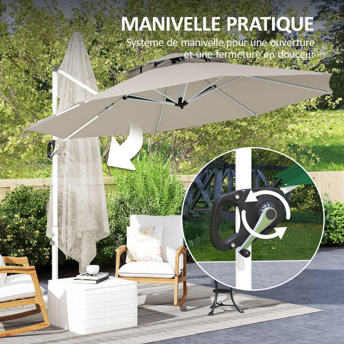OUTSUNNY Parasol déporté octogonal inclinable rotatif dia. 3 x 2,5 m manivelle piètement croisé métal tissu gris clair