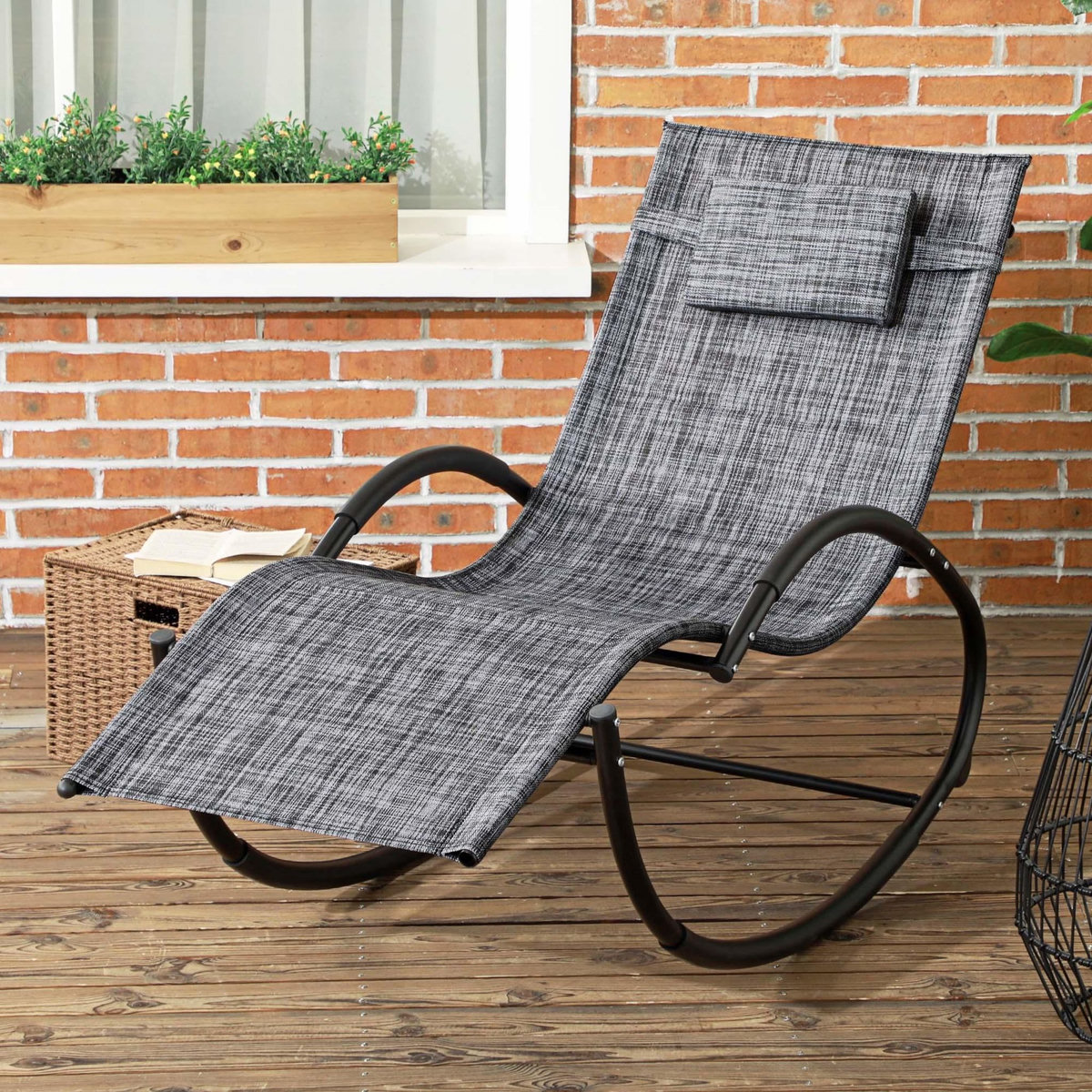 OUTSUNNY Chaise longue à bascule rocking chair design contemporain métal textilène gris chiné