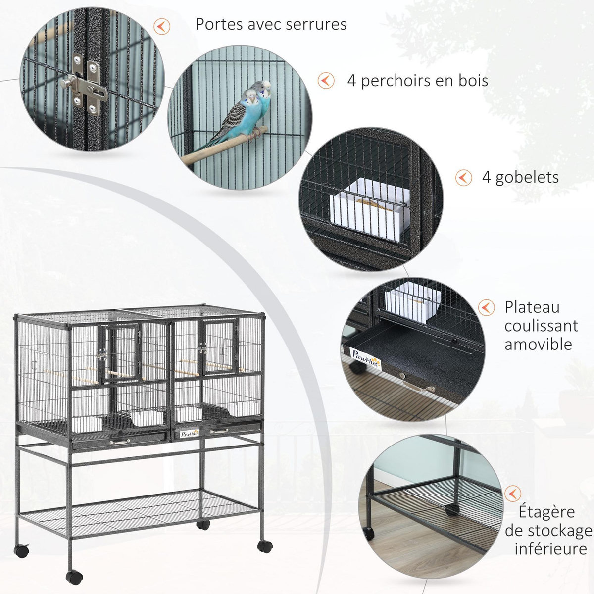 PAWHUT Cage à oiseaux avec séparation mangeoire et perchoir 95L x 45l x 102H cm Noir et Gris