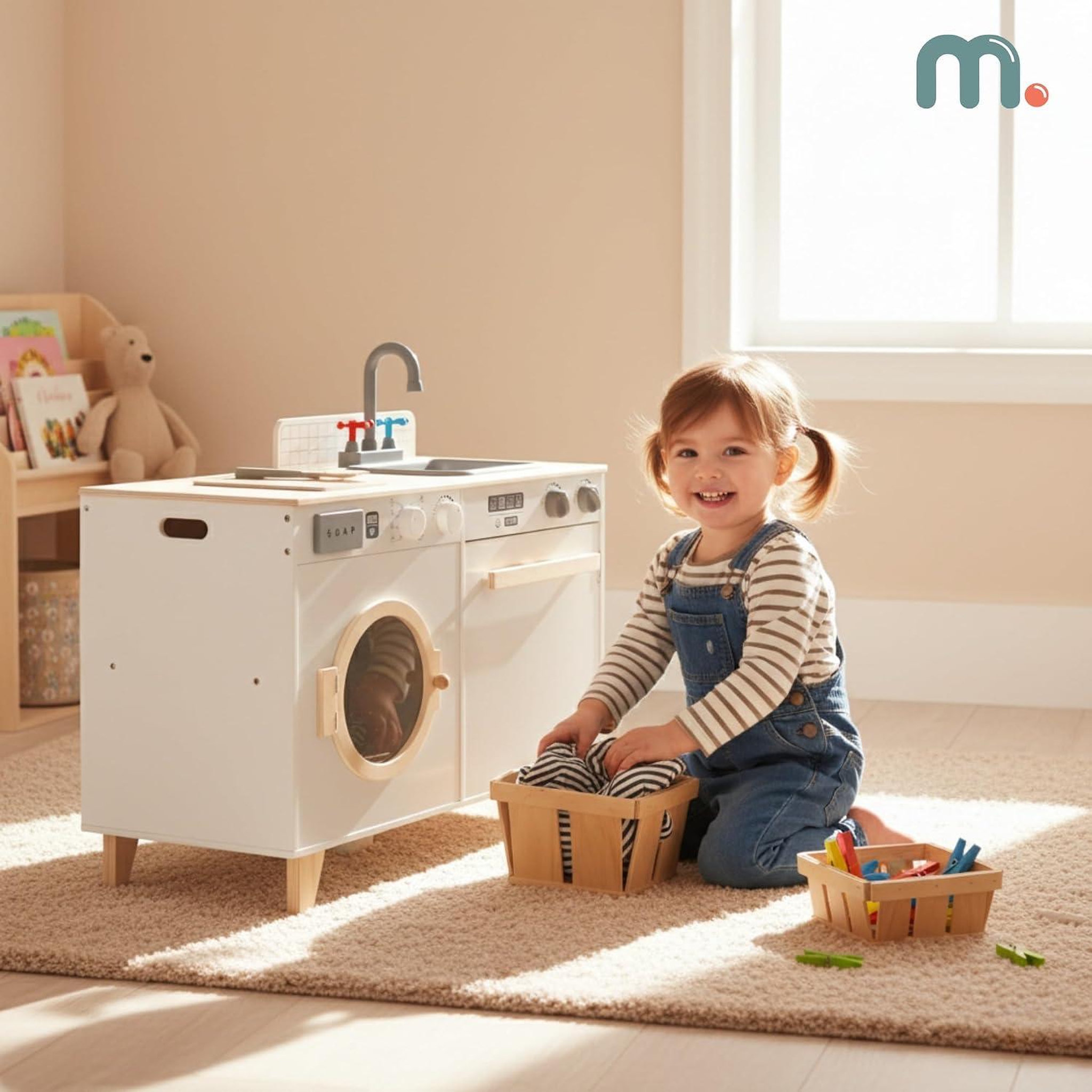 Voir la diapositive 5 : MAMABRUM Cuisine enfant & buanderie en bois - avec lave-linge, évier et accessoires 73,5*29*67 cm