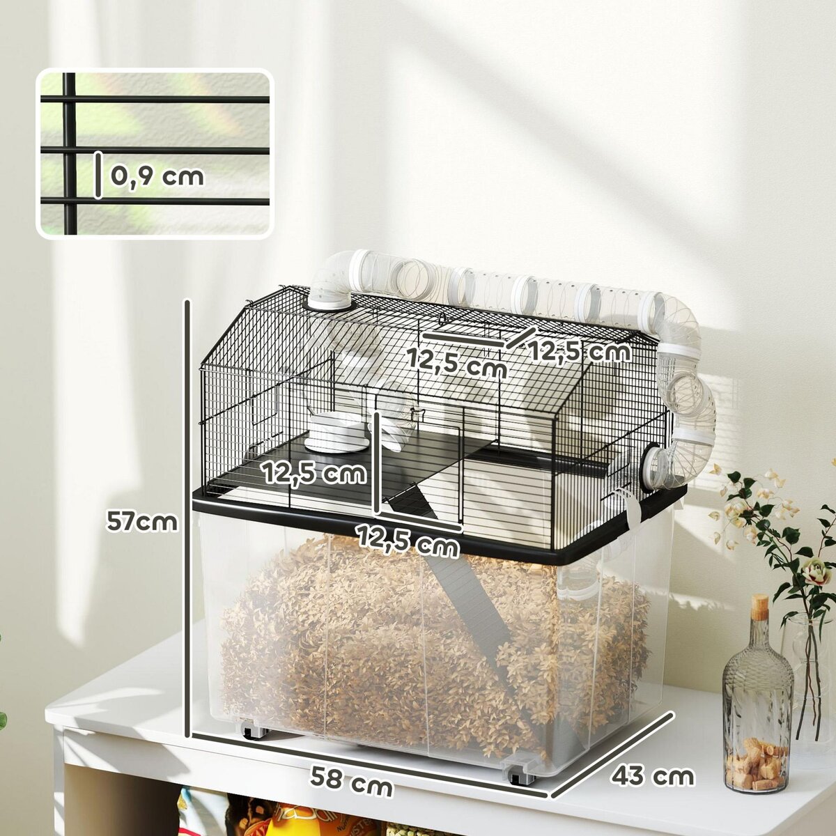 PAWHUT Cage pour hamster sur roulettes - cage à rongeur 2 portes - accessoires multiples - acier noir PP transparent