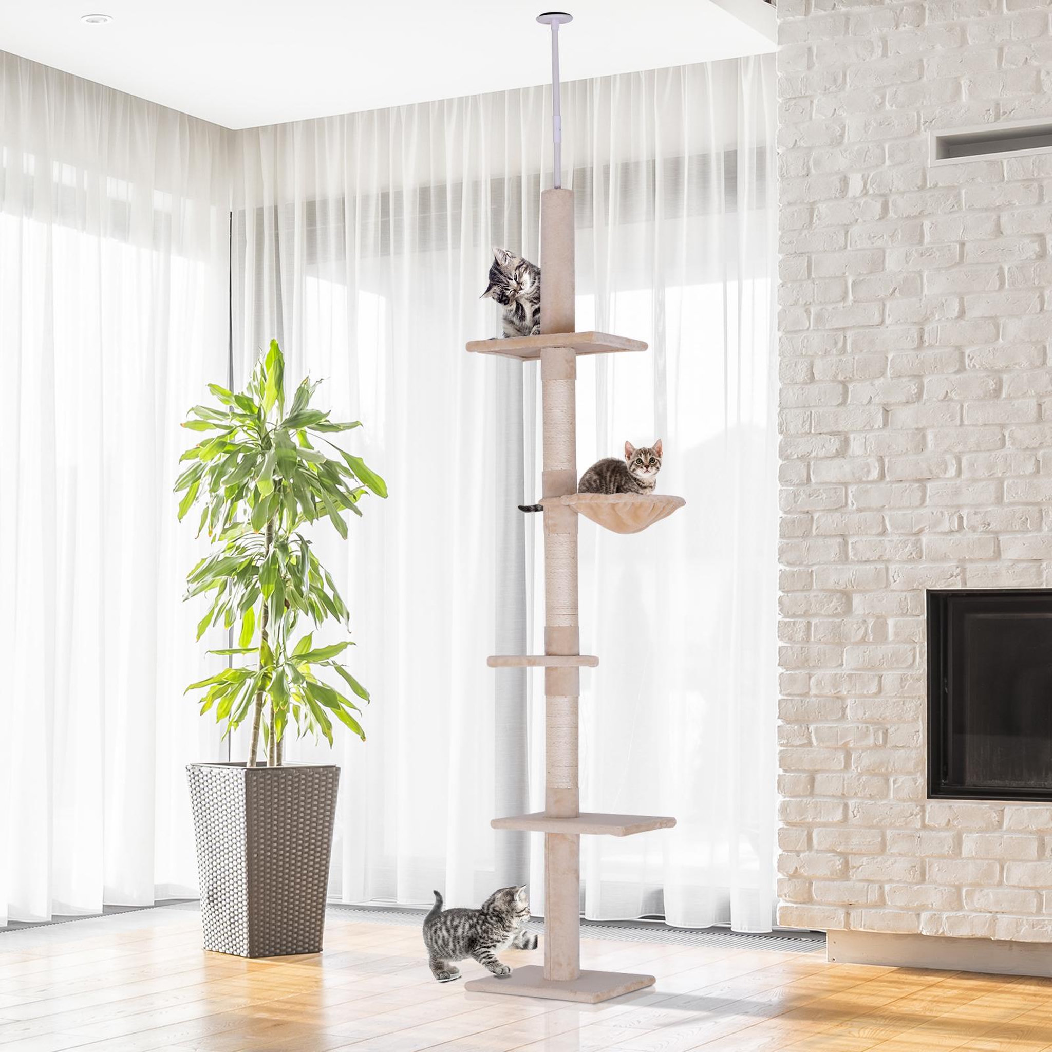 Voir la diapositive 2 : PAWHUT Arbre à chat poteau à griffer l40 x l 34 x h 230-260 cm 5 niveaux d'activités beige