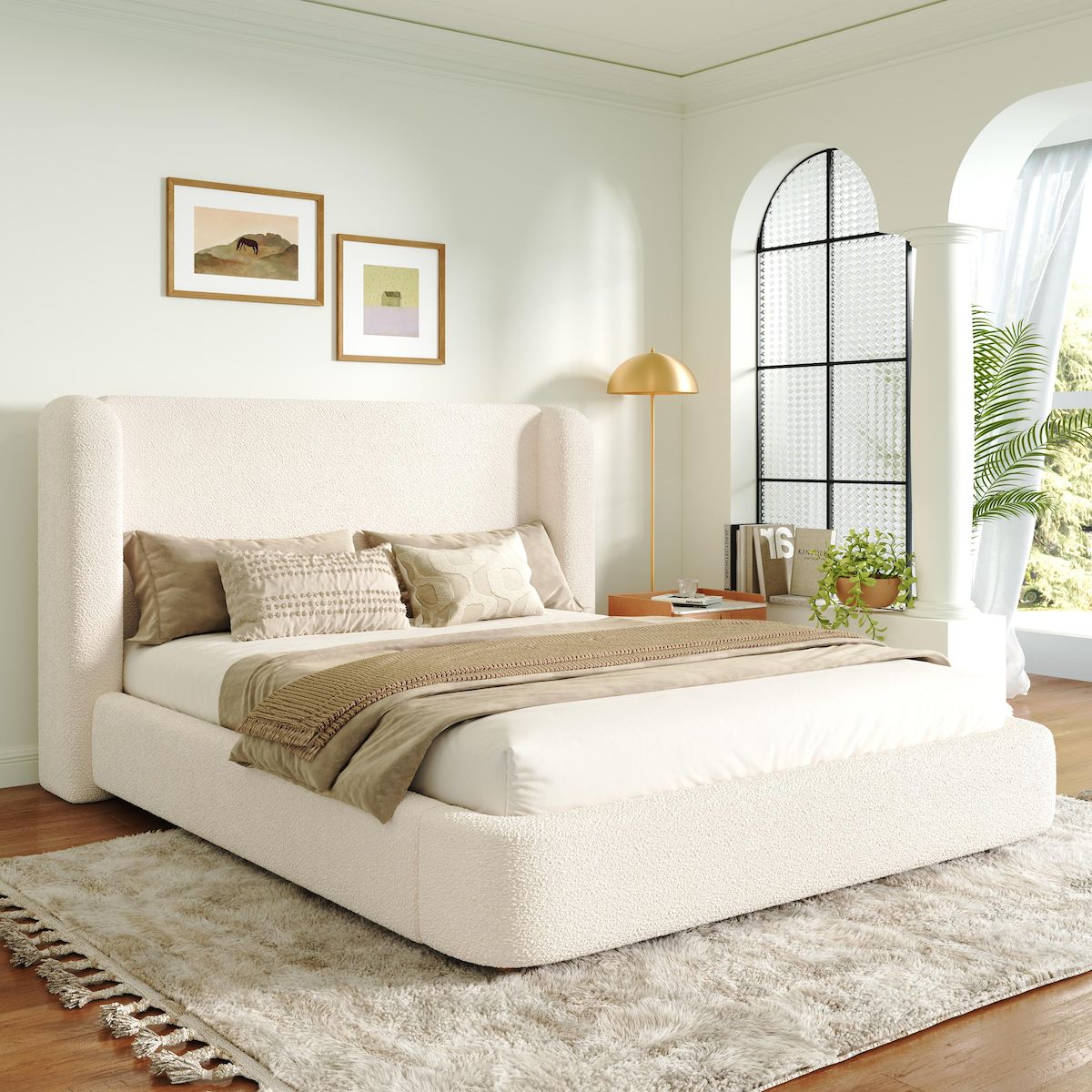 MERAX Lit coffre rembourré 160x200 cm coloris beige tissu